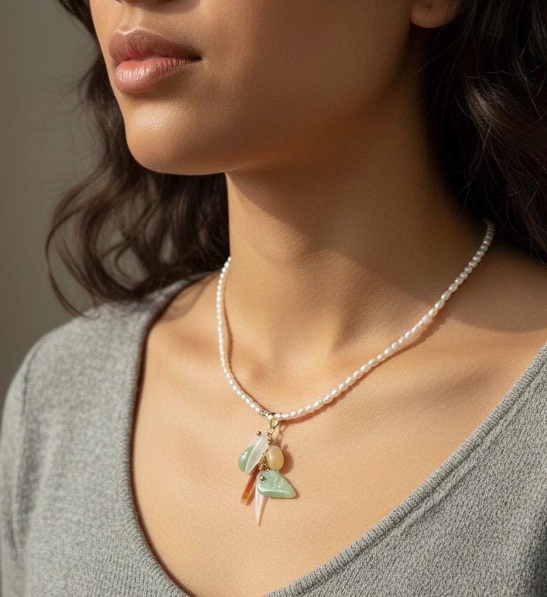 Handmade Freshwater Seed Pearl Necklace with jadeite Cluster Pendant • Carved Jade Leaf & Green jadeite Charms • Dainty Rice Pearl Choker