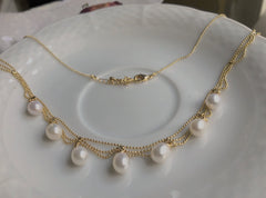 Dainty wave layer chain freshwater pearl necklace. Freshwater pearl wedding necklace. Elegant lace necklace. Wedding necklace