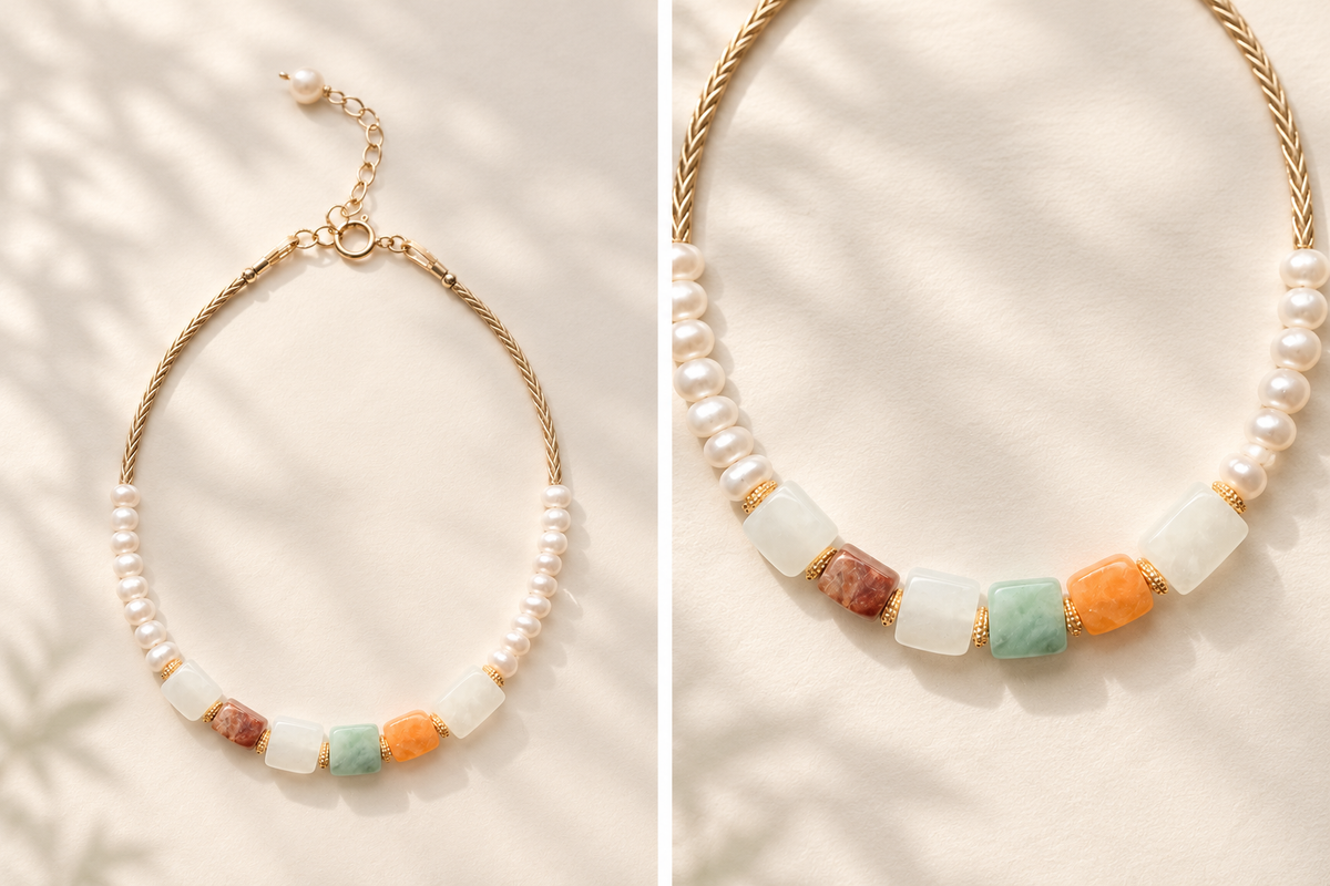 Multicolor Jadeite & Freshwater Pearl Bracelet, 14K Gold Filled