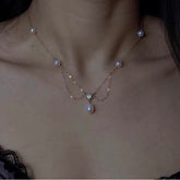 14k gold filled freshwater pearl France style double chain elegant dangle necklace. Wave necklace. Bridal necklace.