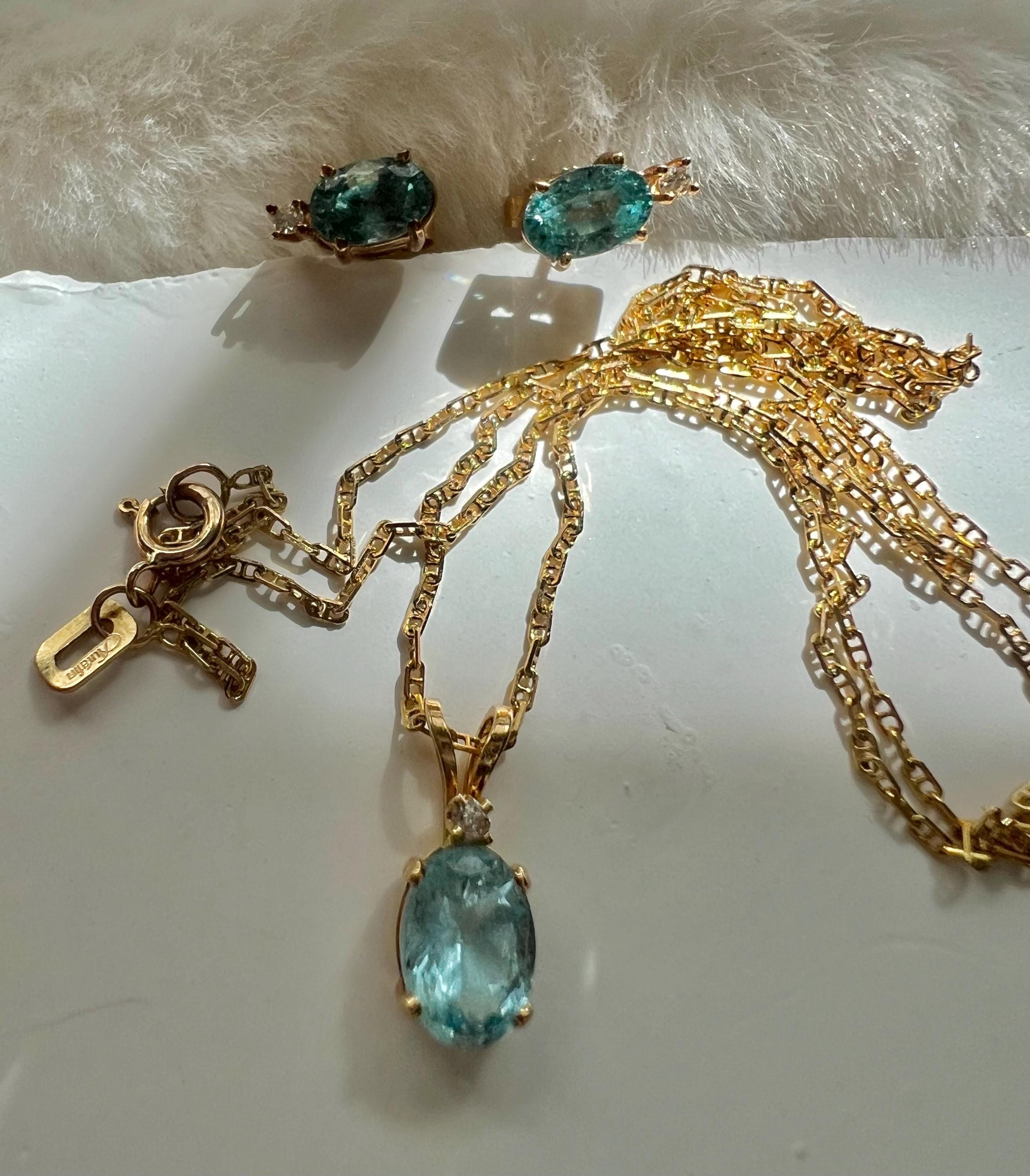 14K solid gold Blue Topaz diamond jewelry set. vintage brand jewelry set.