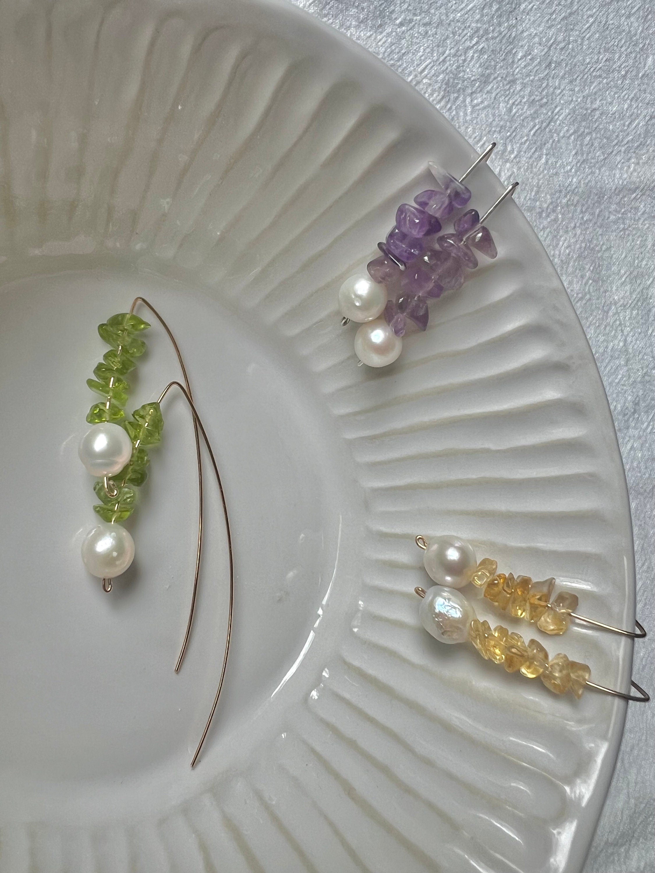 14K gold filled wire wrapped Genuine gemstones dangle charm freshwater pearl earrings. tourmaline earrings. Candy earrings.