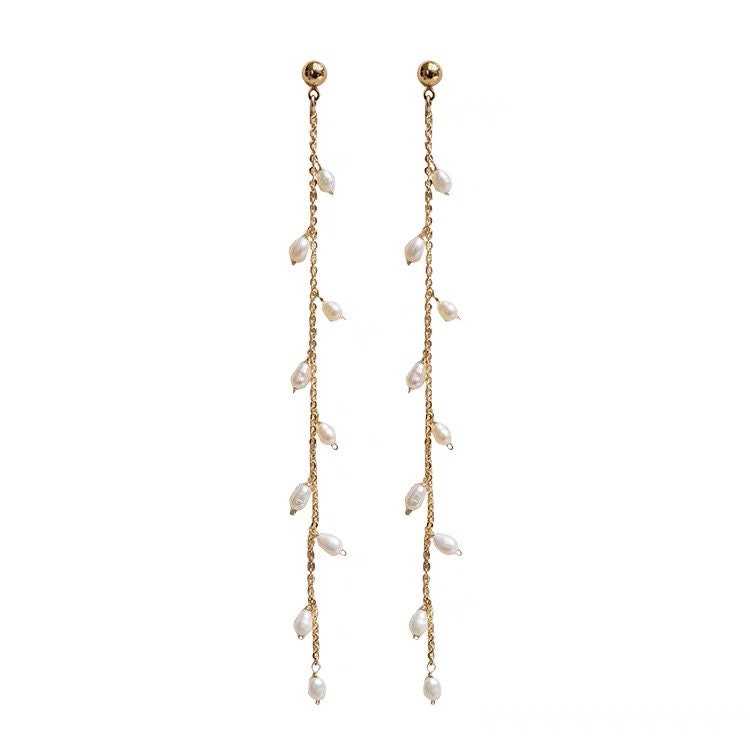14K gold filled stud long chain dangle pearl earring. Fleurette earring. Bridesmaid gift. Boho wedding pearl earring. Bridal earring.