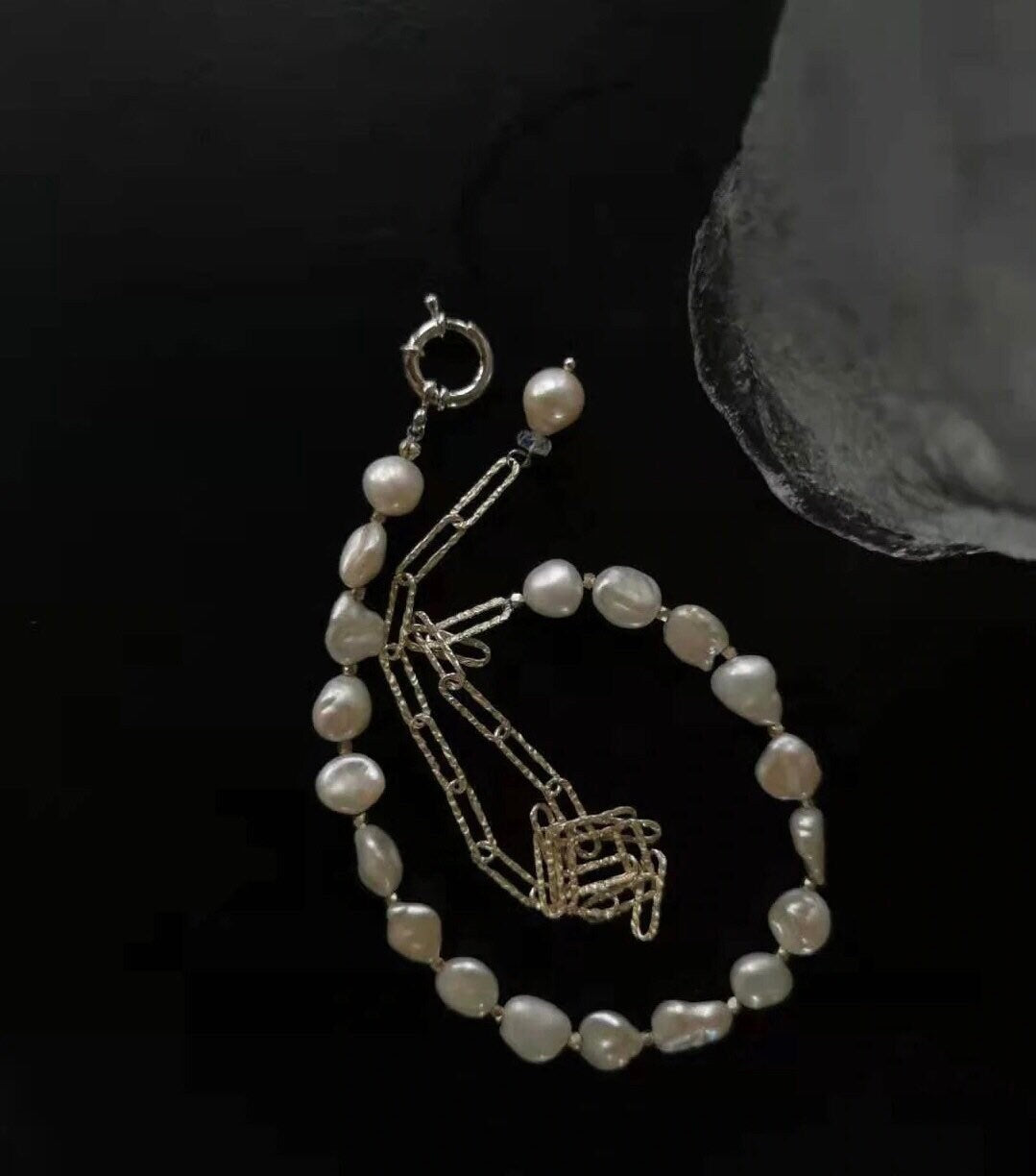 925 sterling silver baroque petal pearl half chain Sparkle charm necklace. Rectangle chain necklace. Minimalist necklace. Chic necklace