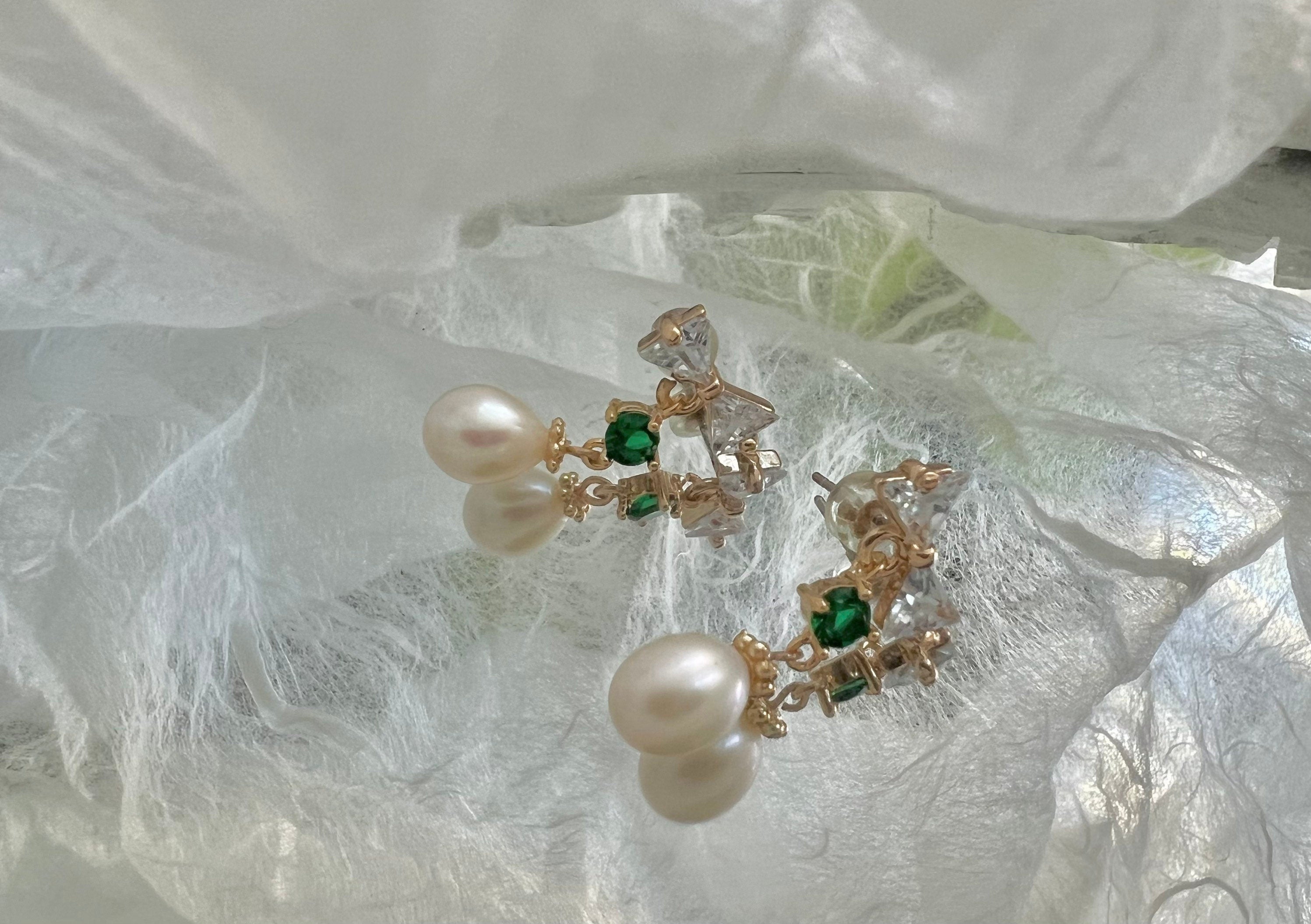 Butterfly stud freshwater pearl dangle earrings in sterling sliver. Delicate earrings. CZ crystal earrings. Emerald earrings. Drop earrings.