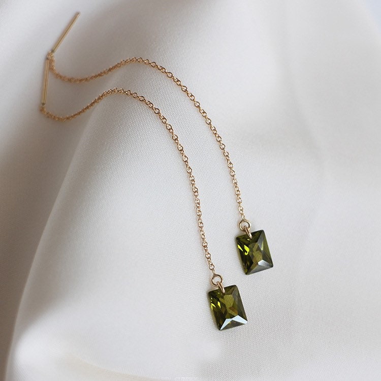 14K gold filled dangle olivine green threader/earrings. Transparent rectangular shaped earrings. CZ crystal earrings. Drop earrings.