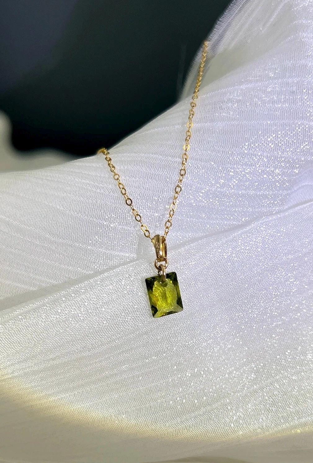 14K gold filled dangle olivine green necklace. Transparent rectangular shaped necklace. Gemstone necklace. Minimalist necklace
