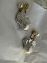 AAAA Square/natural shaped genuine baroque pearl clip on earring. No pain charm baroque pearl earring. Comfortable non pierced ear clip
