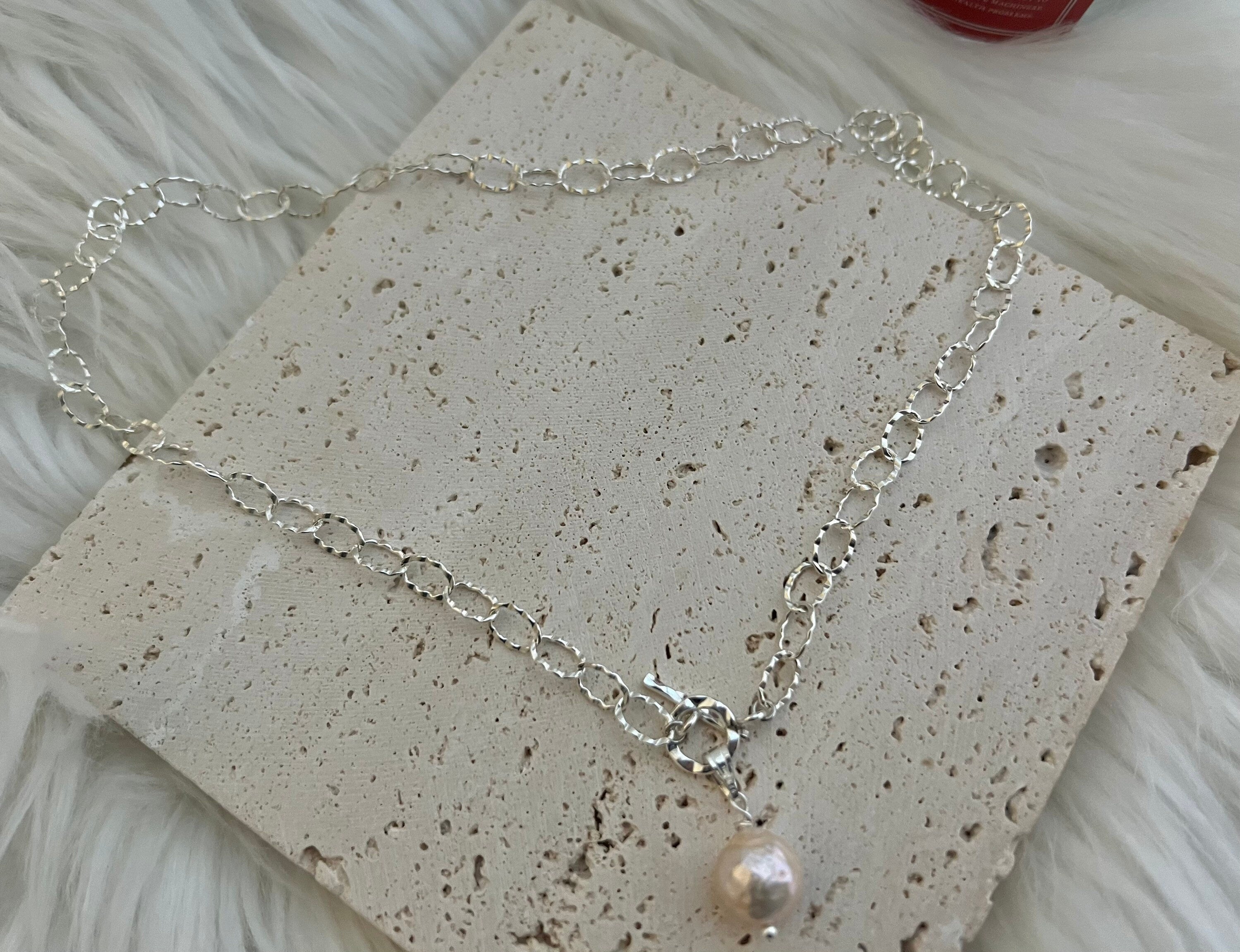 925 sterling sliver freshwater high luster baroque pearl sparkle chain charm OT clasp necklace. Minimalist pearl necklace. gift for her.