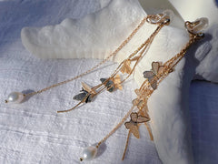 Gold butterfly long threader. Elegant freshwater pearl clip-on earrings. Dainty no pain threader. Delicate earring. Bridesmaid gift.