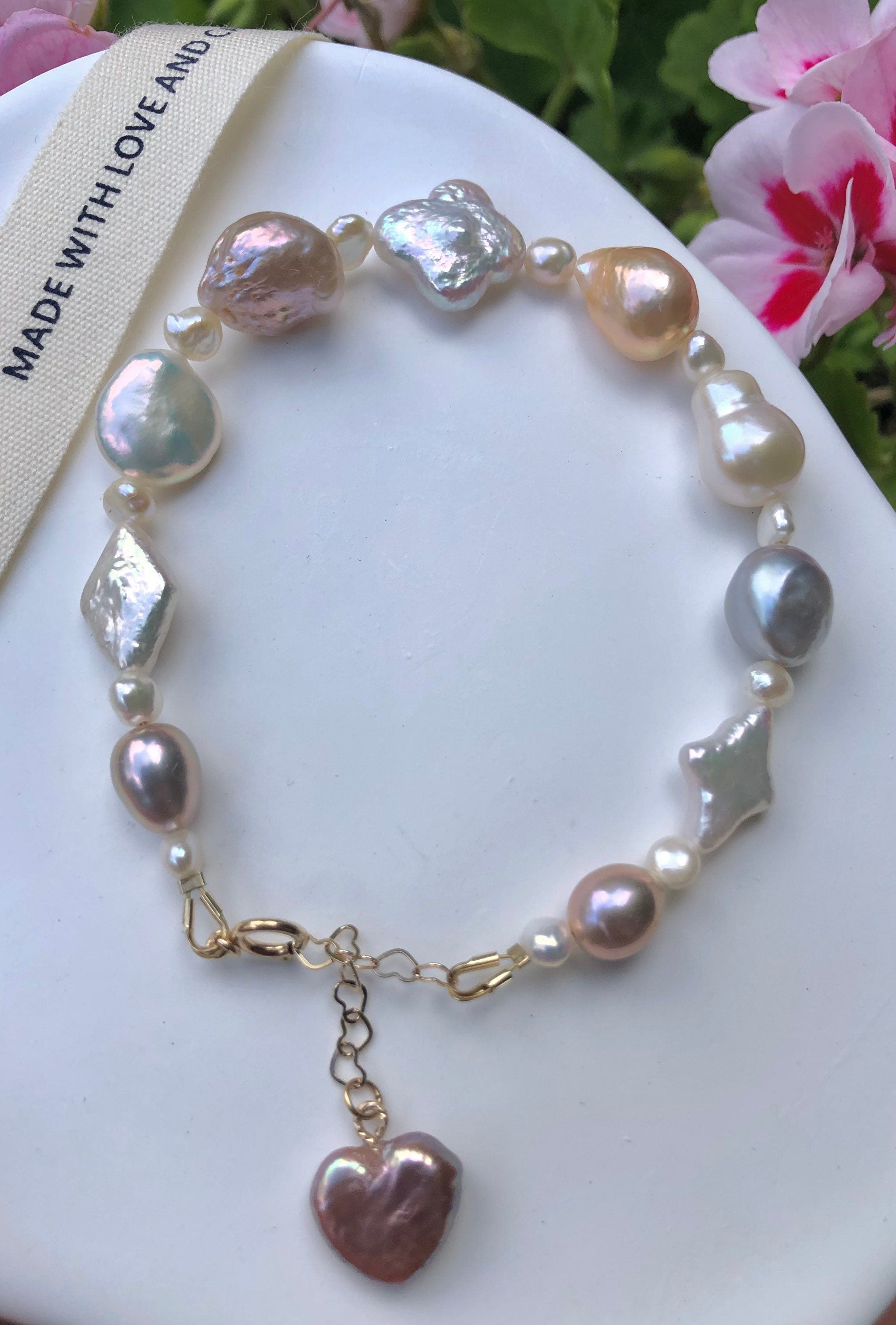 14K gold filled Freshwater pearl bracelet. Art Deco bracelet. Baroque pearl bracelet. Candy bracelet. Multi-color multi-shape bracelet.