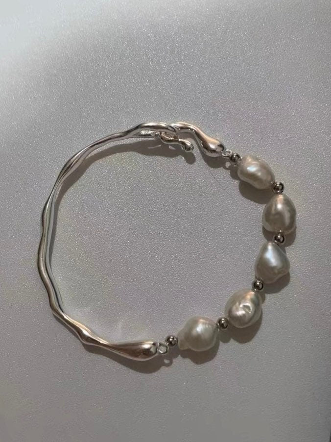 Freshwater baroque pearl half gold bangle Baroque pearl bracelet. Boho chic pearl bracelet. Minimalist bracelet. Gift for her