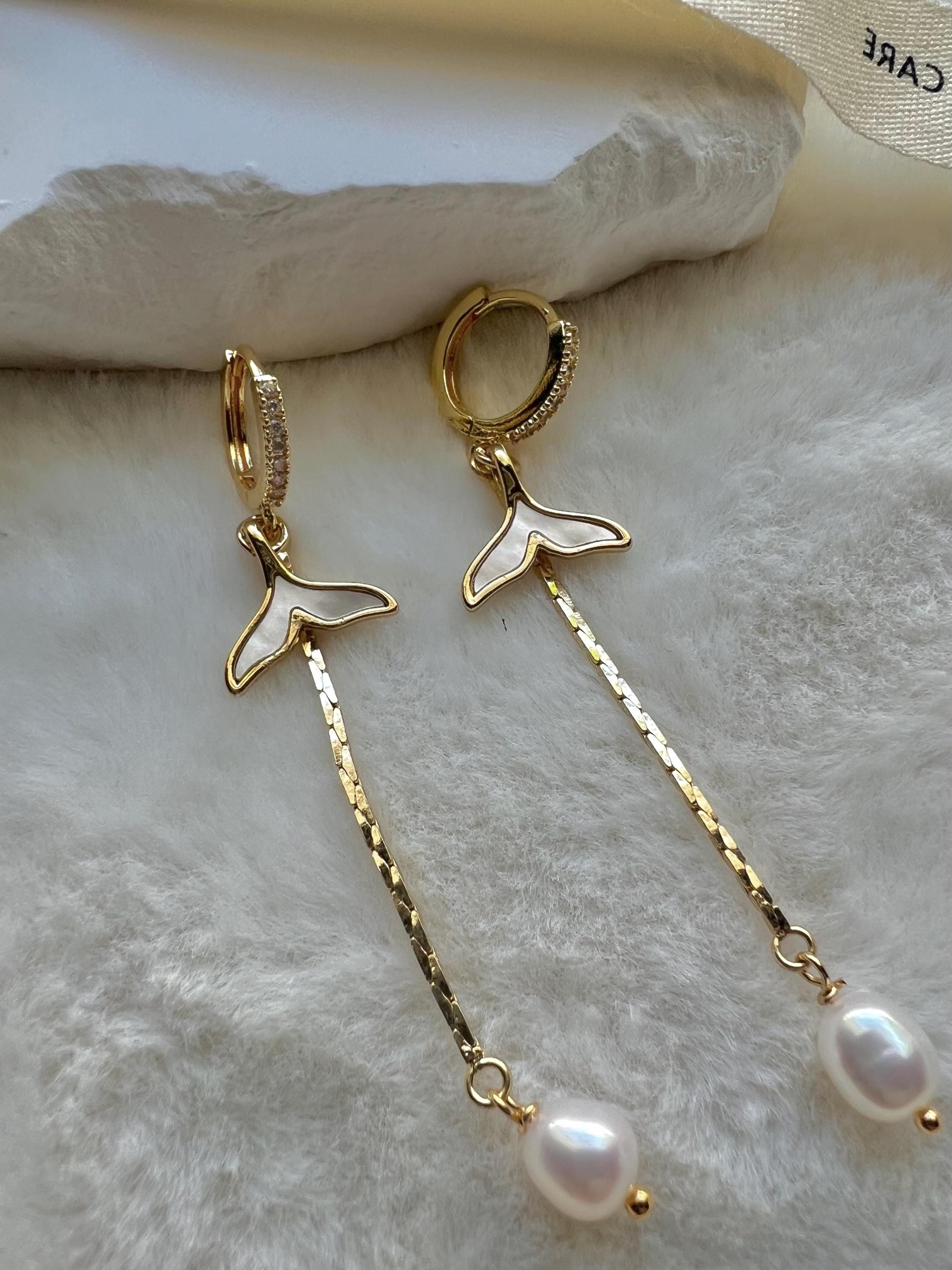 Chic sparkling crystal mermaid freshwater pearl hoop dangle earring. Diamond earrings. Bridal earrings. Gift for her.