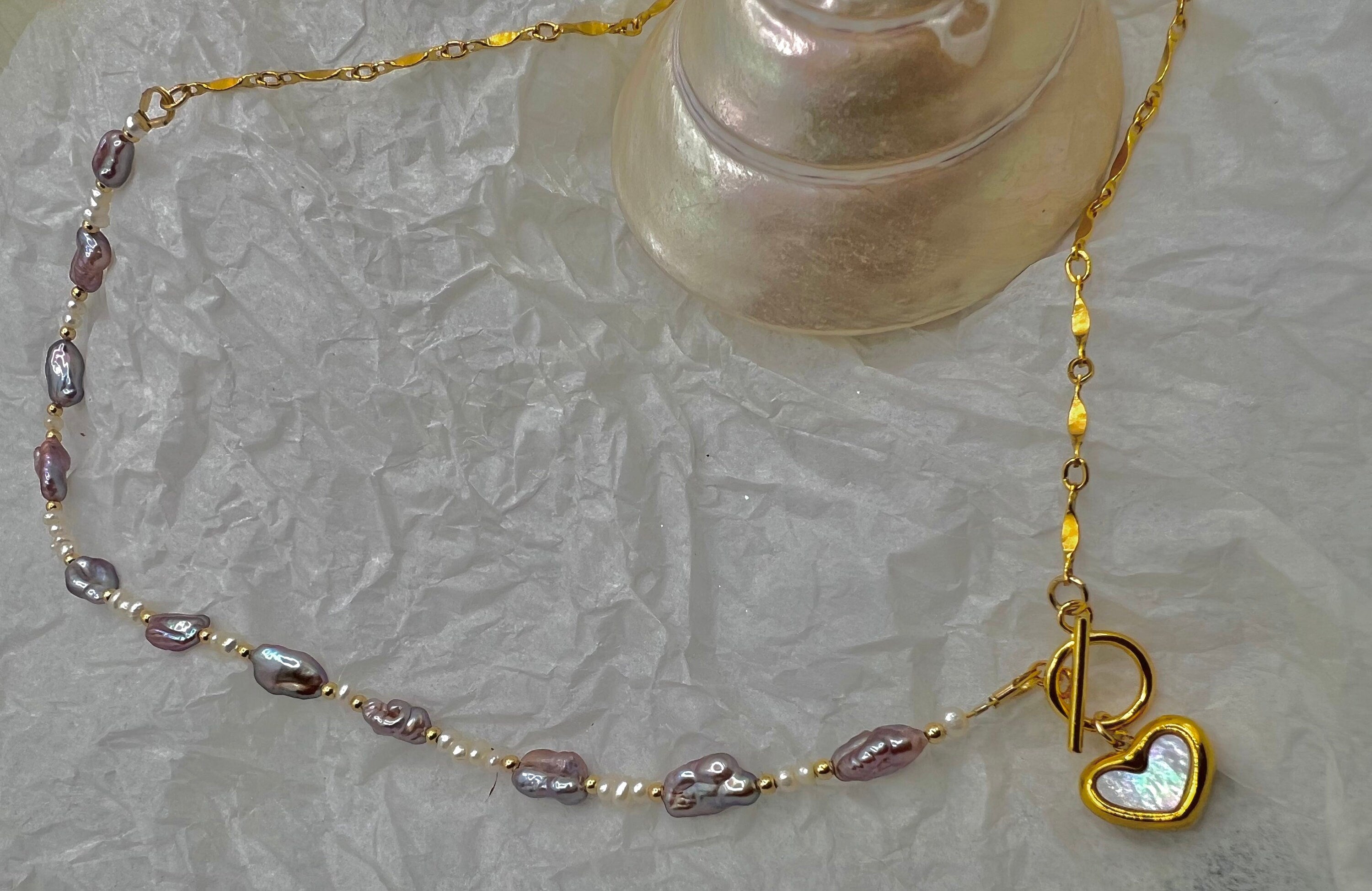 14K gold filled High quality luster baroque AAAA Keshi purple pearl half chain necklace. Charm reflection necklace. Minimalist. Heart.