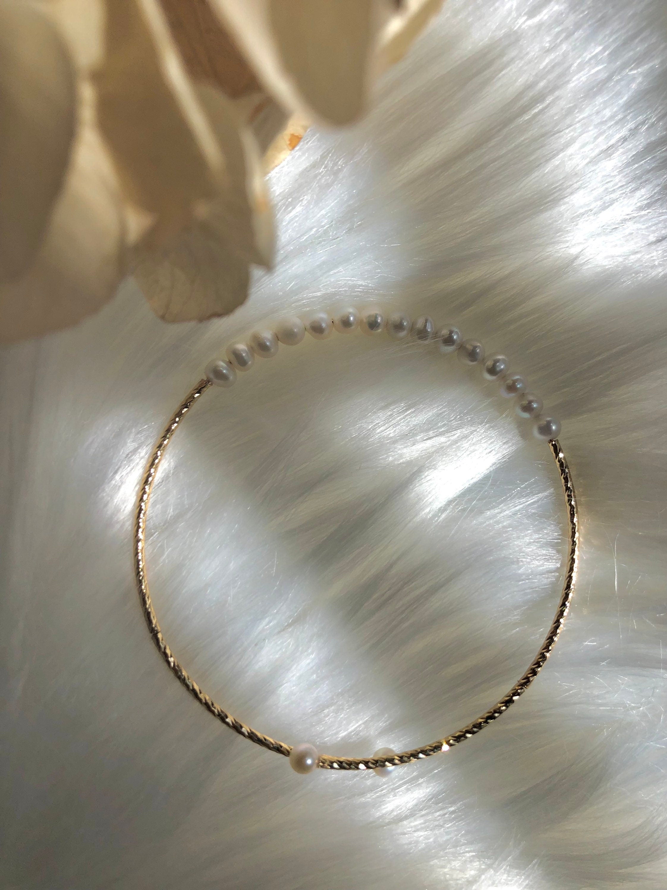 Handmade wire wrapped genuine freshwater pearls open cuff bangle. Wedding pearl bracelet/bangle. Elastic bangle Dainty bangle/bracelet. Gift