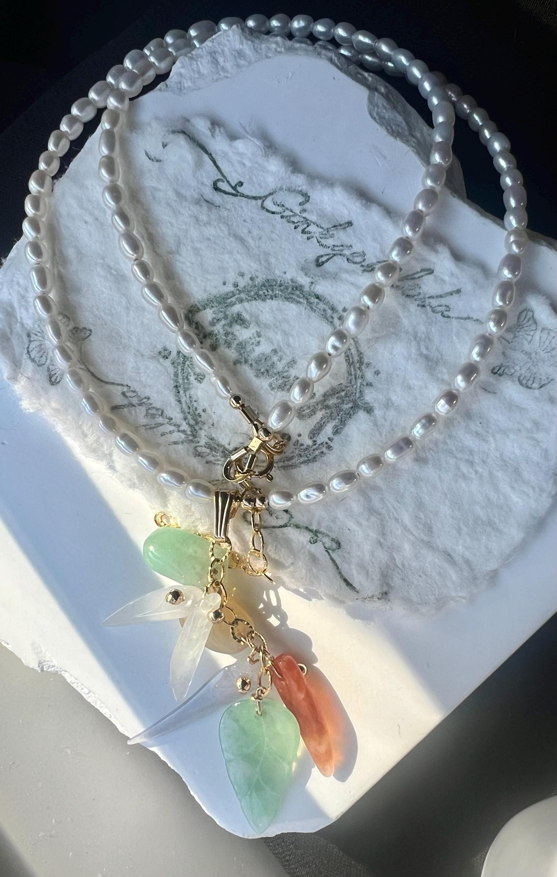 Handmade Freshwater Seed Pearl Necklace with jadeite Cluster Pendant • Carved Jade Leaf & Green jadeite Charms • Dainty Rice Pearl Choker