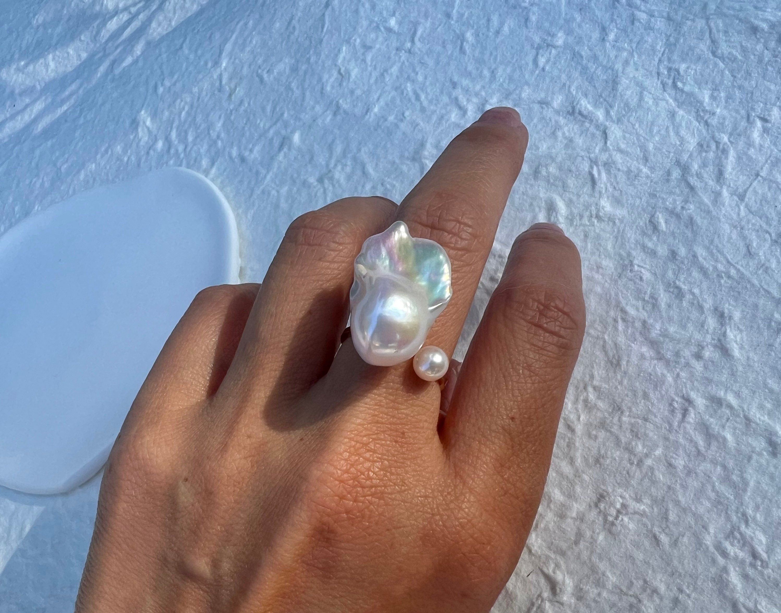 14K gold filled AAA quality luster baroque pearl open adjustable ring. Cultured double pearl ring. White fireball baroque ring. Gift.