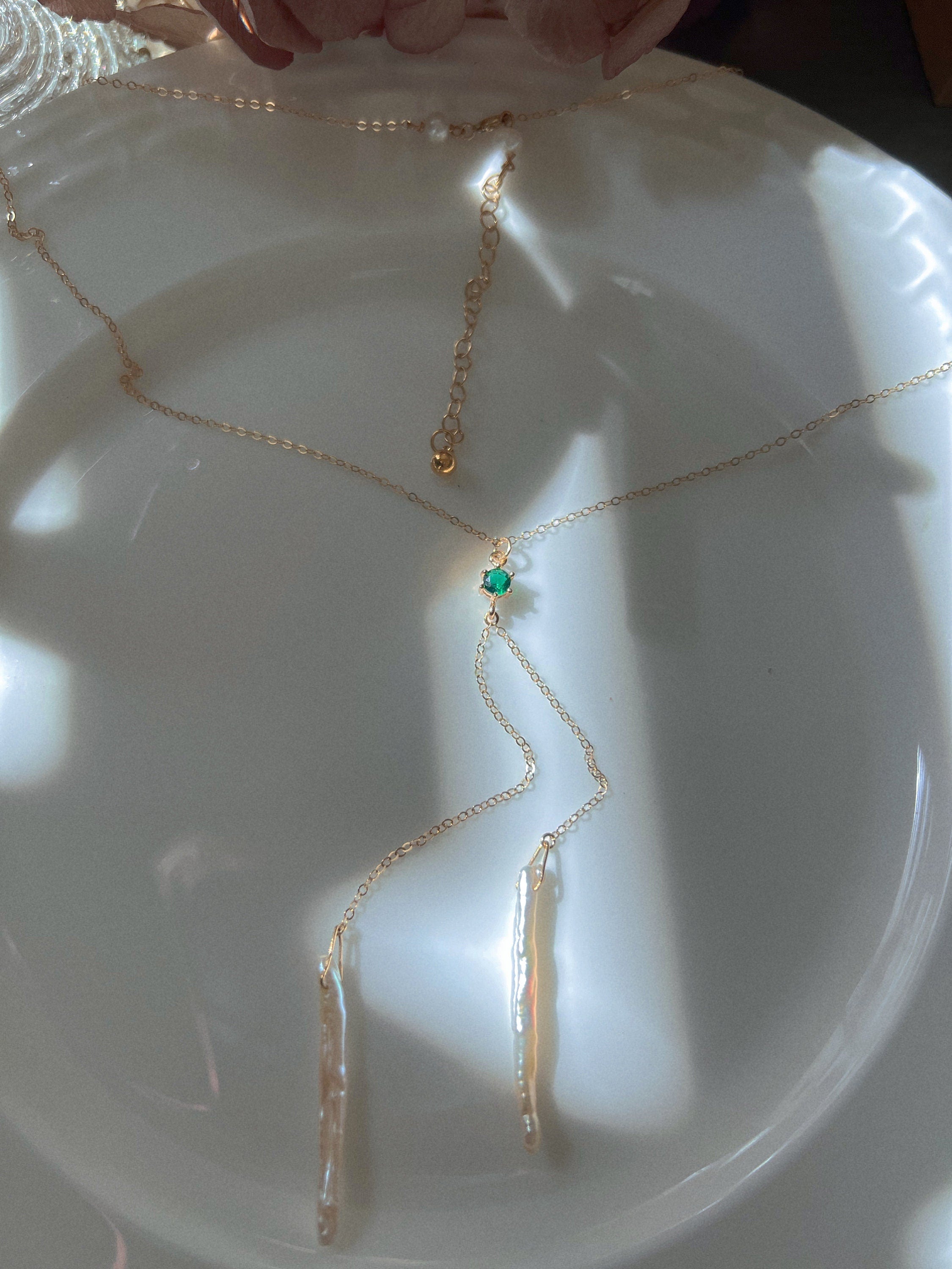 14K gold filled stick pearl Y necklace. ZC emerald necklace. Diamond necklace. Bride necklace. Weddingnecklace