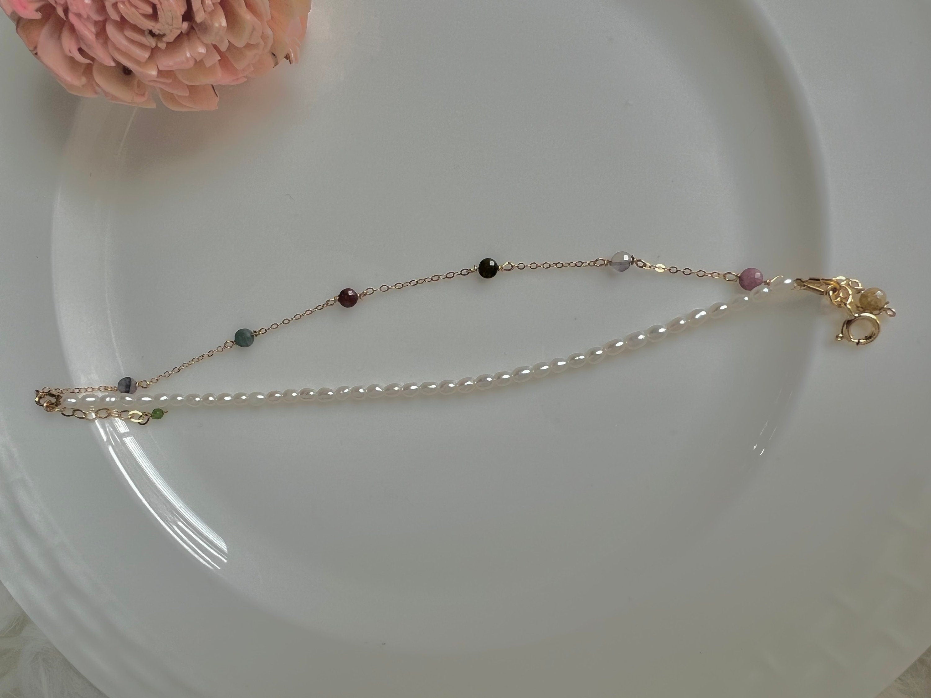 Freshwater Pearl gemstone double chain layered Bracelet. Gold & Silver elegant Chain Pearl Bracelet. Layering Chain Bracelet.