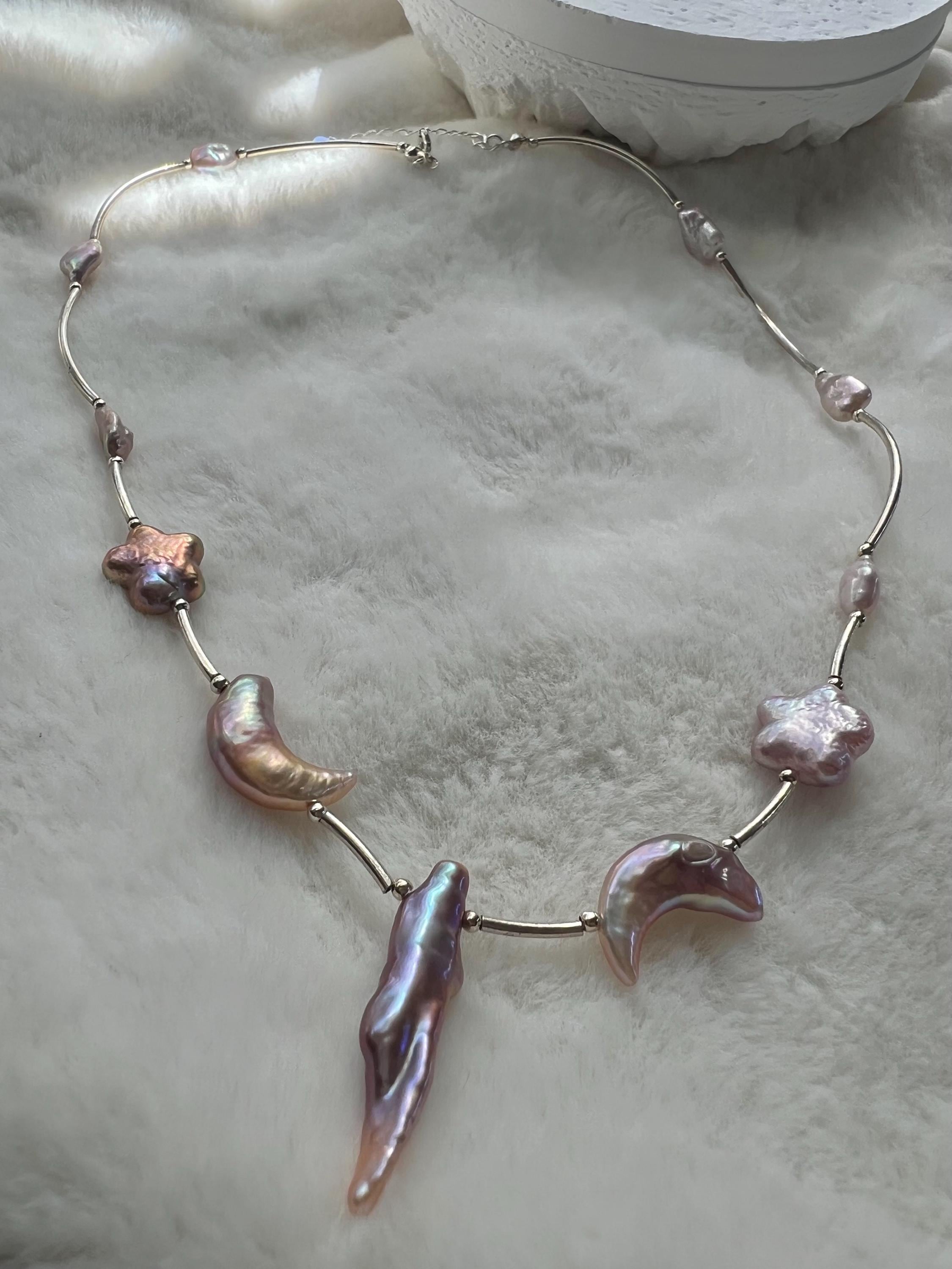 925 sterling silver Freshwater celestial baroque pearl bracelet. Iridescent pearl bracelet. Moon and star necklace/bracelet. Gift for her