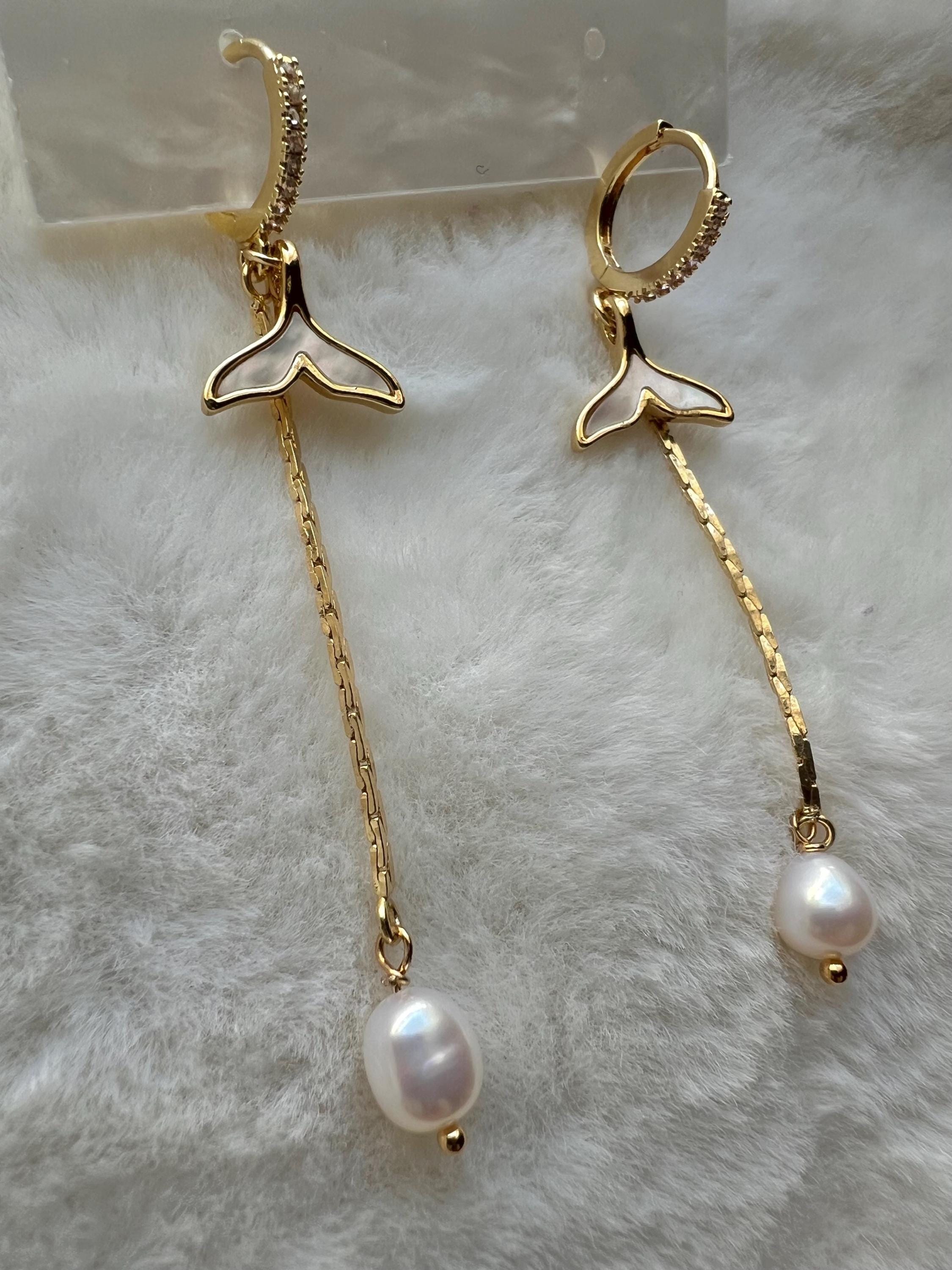 Chic sparkling crystal mermaid freshwater pearl hoop dangle earring. Diamond earrings. Bridal earrings. Gift for her.