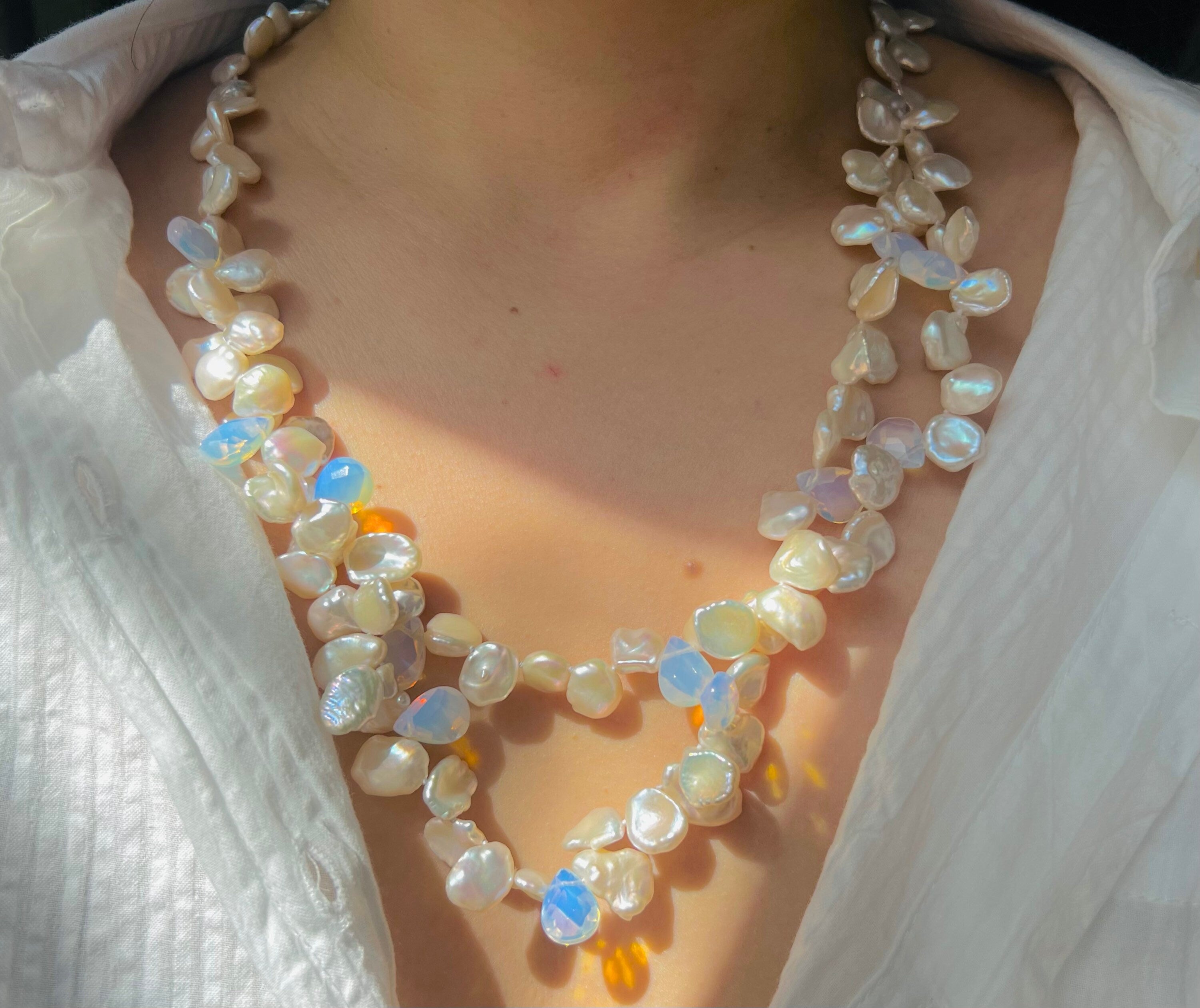 Freshwater petals pearl double layered necklace. Beaded pearl necklace. Boho Bridal wedding necklace. Dainty necklace. Gift for her