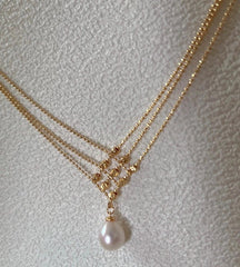 14k gold filled freshwater pearl France style double chain elegant dangle necklace. Wave necklace. Bridal necklace.