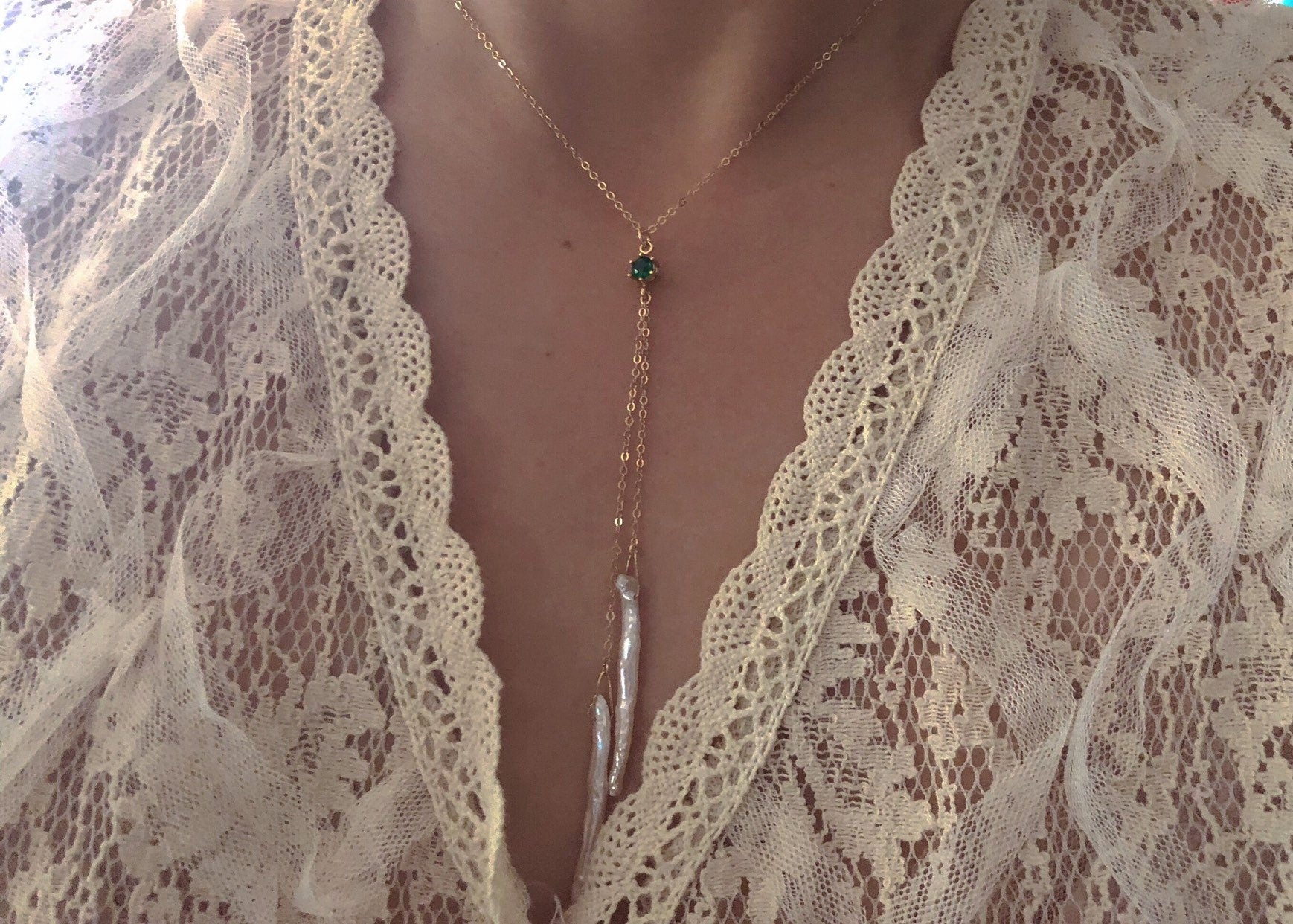 14K gold filled stick pearl Y necklace. ZC emerald necklace. Diamond necklace. Bride necklace. Weddingnecklace