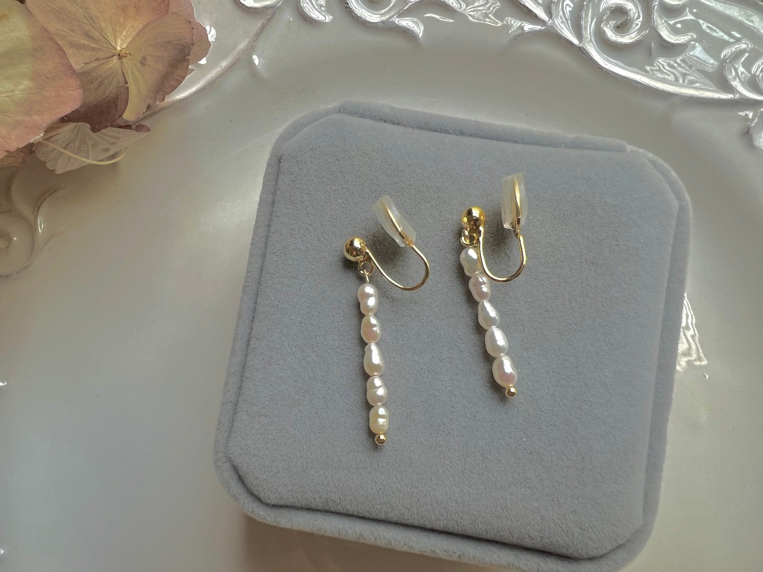 14K gold filled freshwater tiny pearl dangle stud earring. Minimalist clip on earrings. Bridal earrings. Bridesmaid gift.