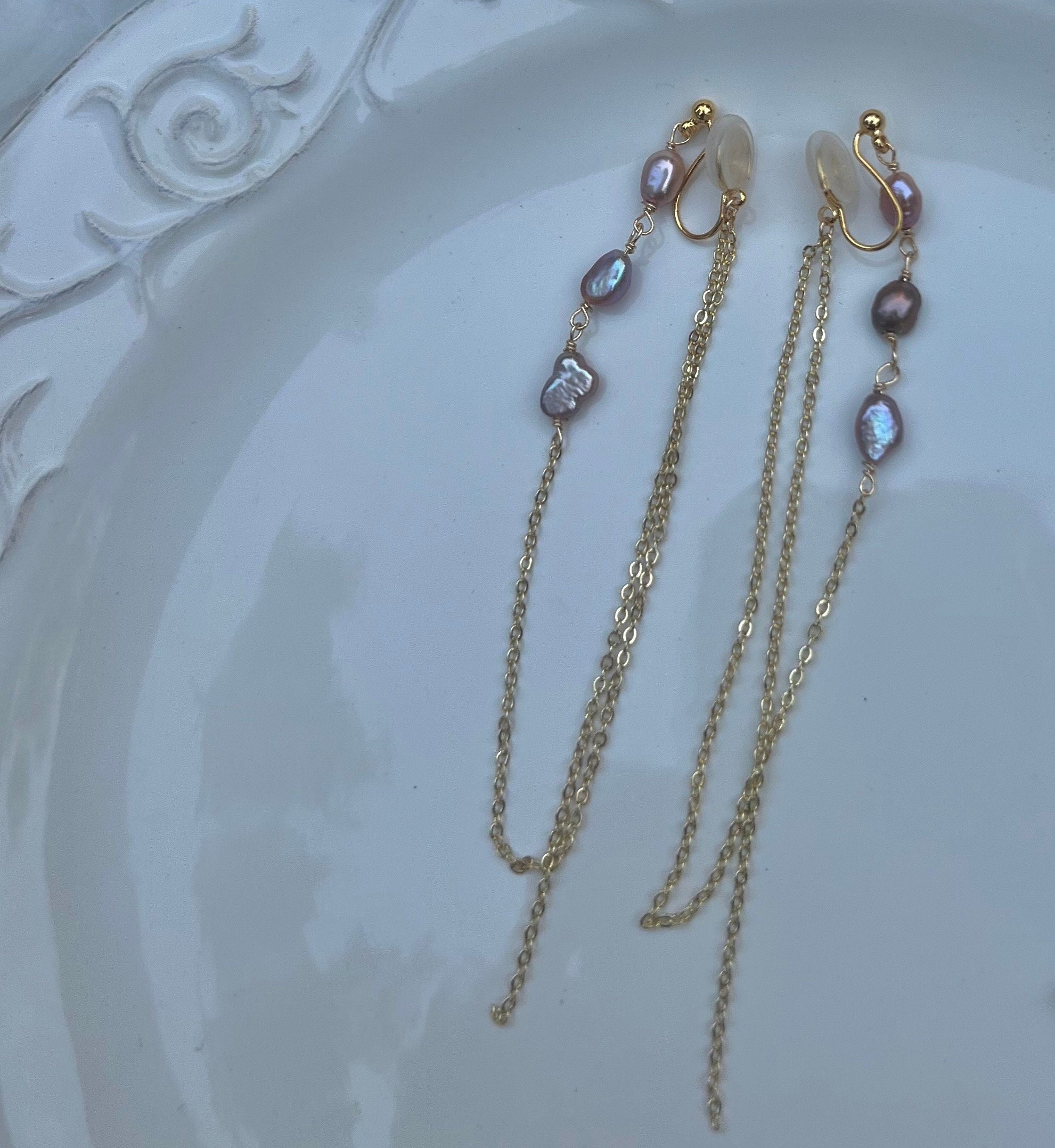 14K gold filled freshwater Pearl ear back dangle tassels earrings. minimalist chain earring. Bridal earring. Bridesmaid gift