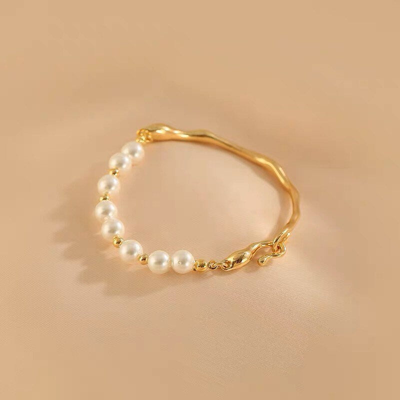 Freshwater baroque pearl half gold bangle Baroque pearl bracelet. Boho chic pearl bracelet. Minimalist bracelet. Gift for her