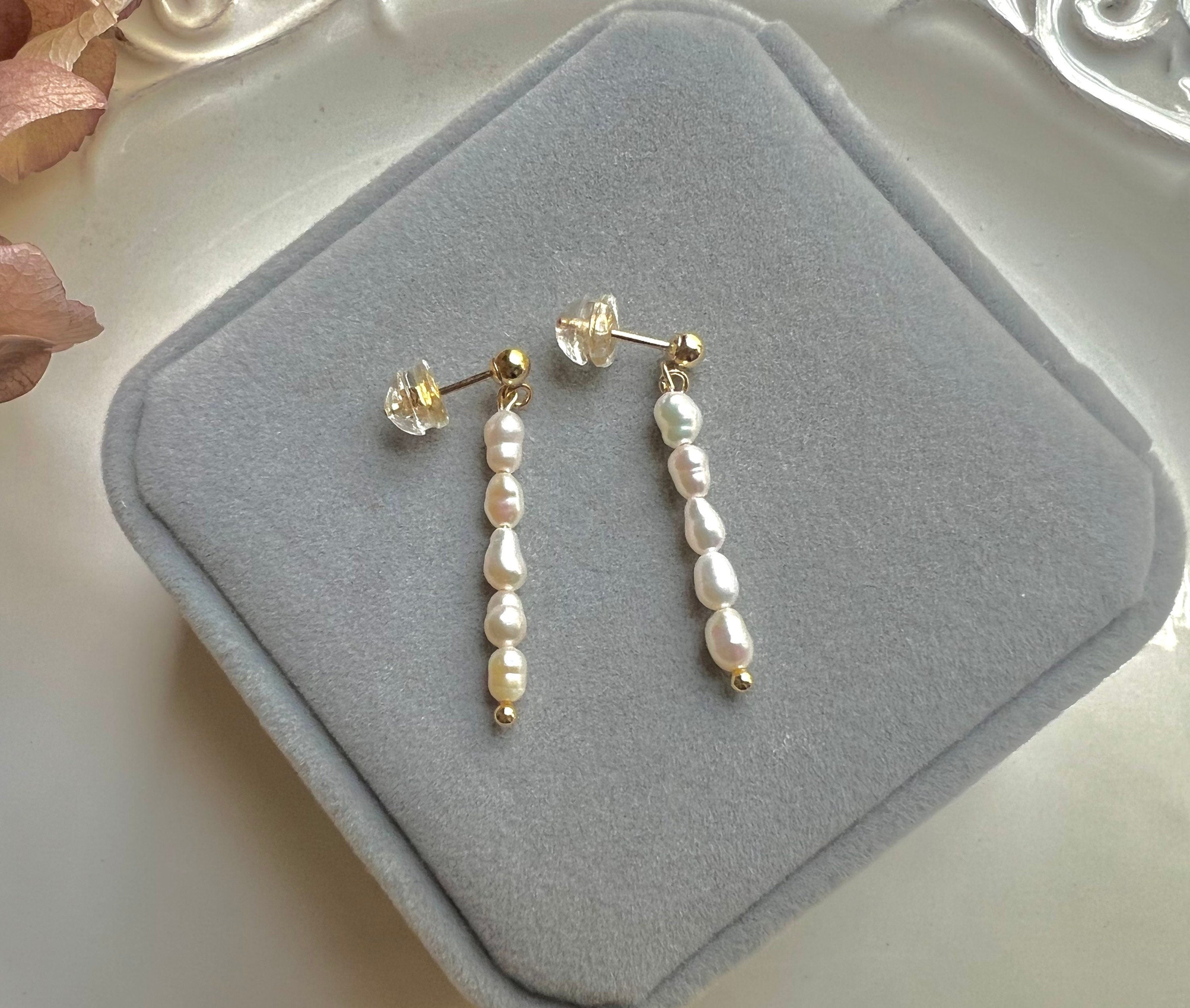 14K gold filled freshwater tiny pearl dangle stud earring. Minimalist clip on earrings. Bridal earrings. Bridesmaid gift.