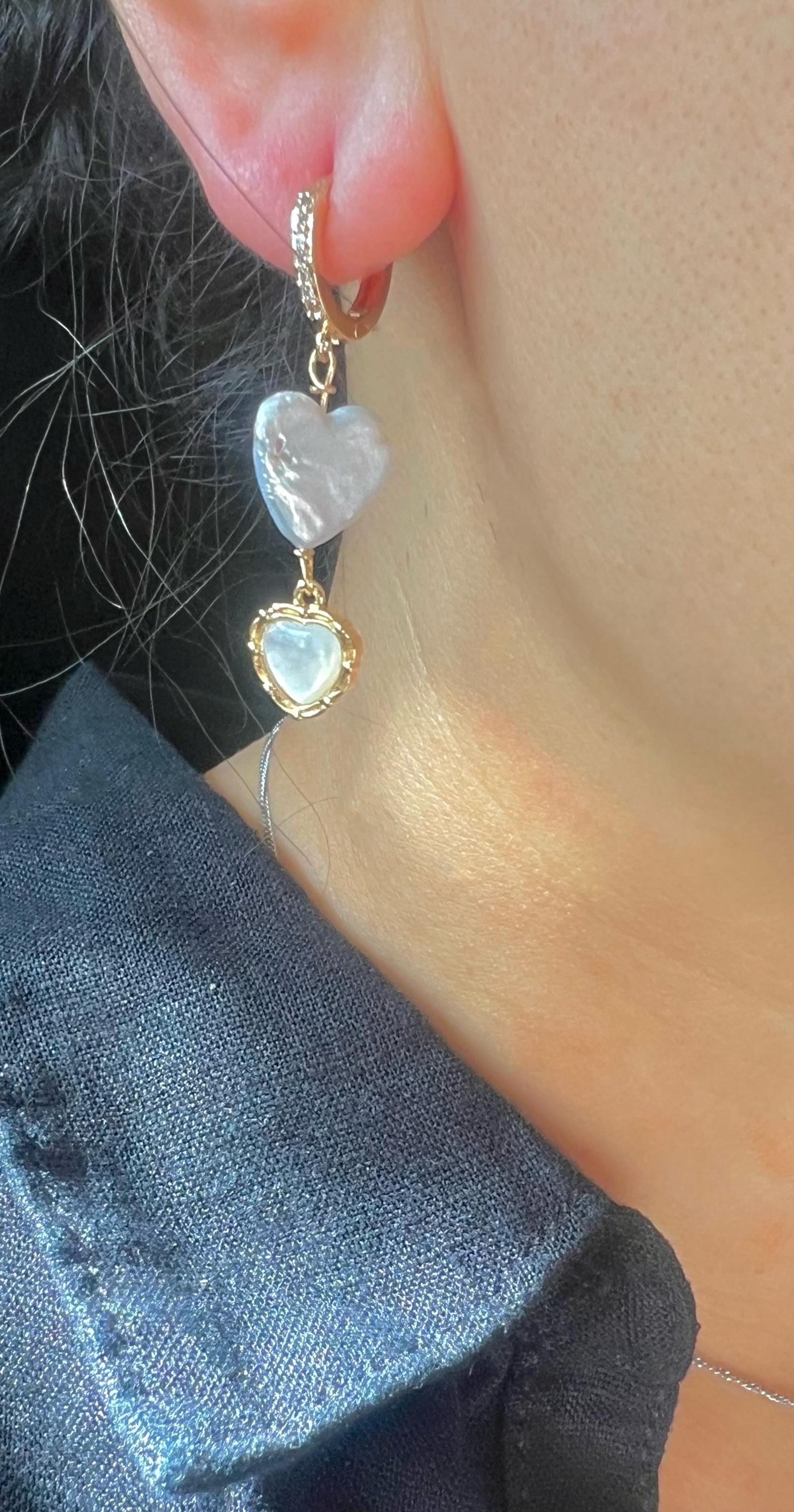 Heart shaped freshwater pearl mother of pearl hoop earring. Elegant earrings. Bridal earrings. Gift for her.