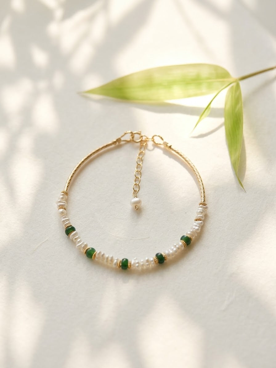 Natural green jadeite and freshwater pearl bracelet with 14k gold filled curved tubes