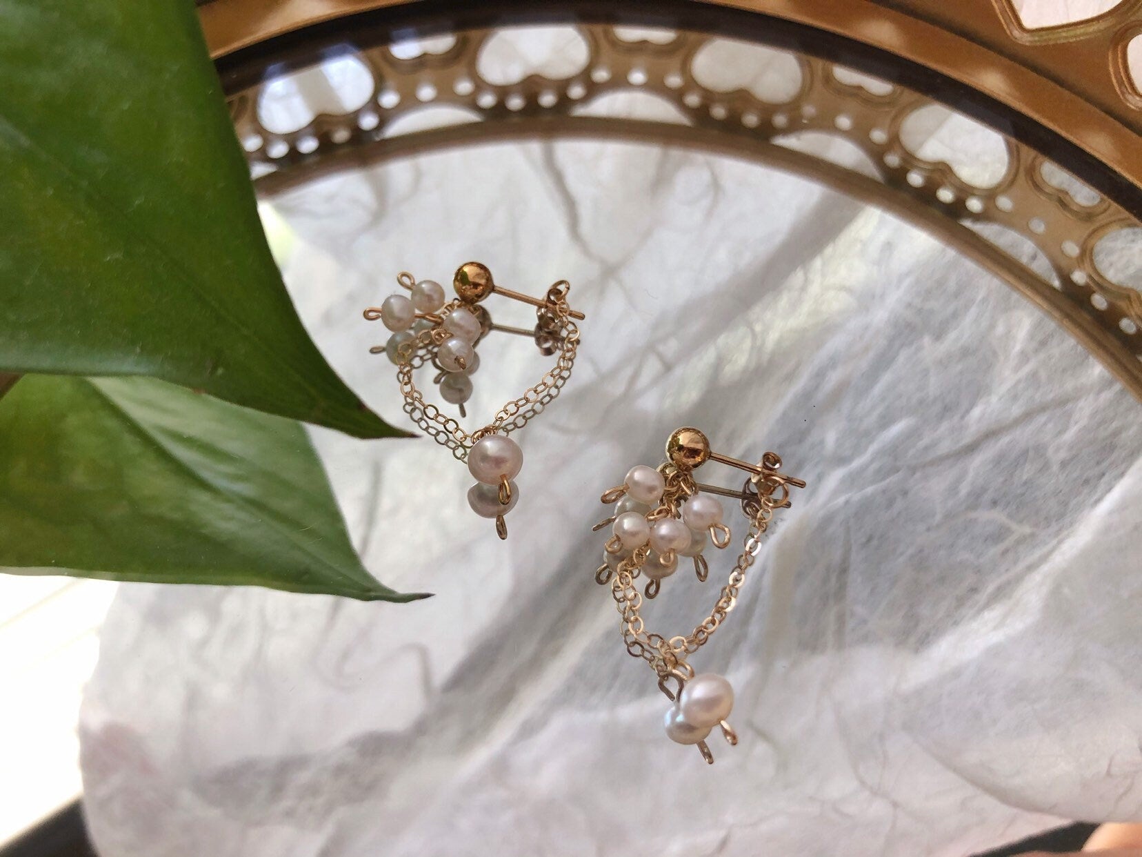 14K gold filled dainty pearl chain drop stud earring. Baby pearl cluster dangle earring. Bridal bridesmaid seed pearl stacking earring