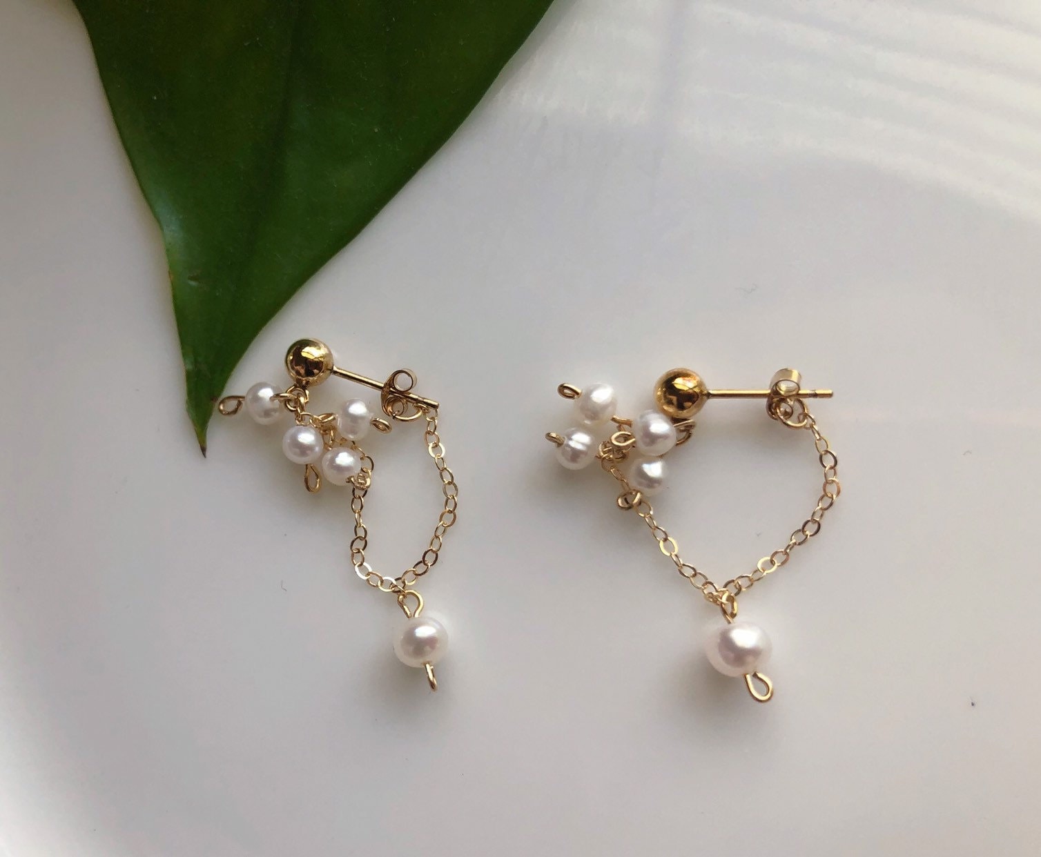 14K gold filled dainty pearl chain drop stud earring. Baby pearl cluster dangle earring. Bridal bridesmaid seed pearl stacking earring