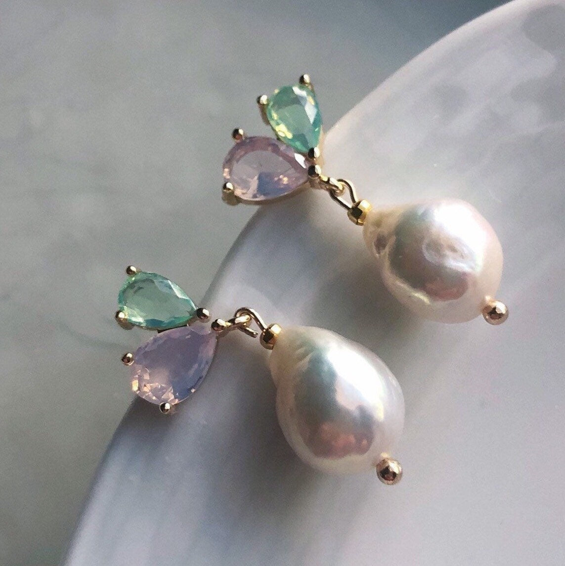 High quality luster baroque pearl earring. Colorful crystal dangle earring. Rainbow stud drop earring. Dainty wedding earring