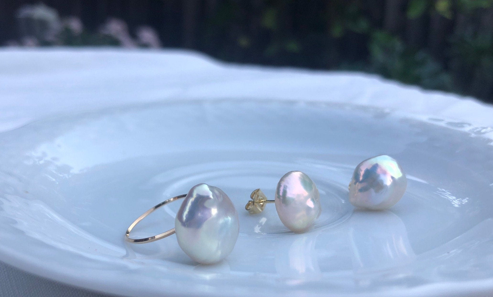 14K gold filled baroque AAAA Keshi pearl stud earring/ring. High luster Coin earring/ring. Metallic reflection pearl ring. Wedding.