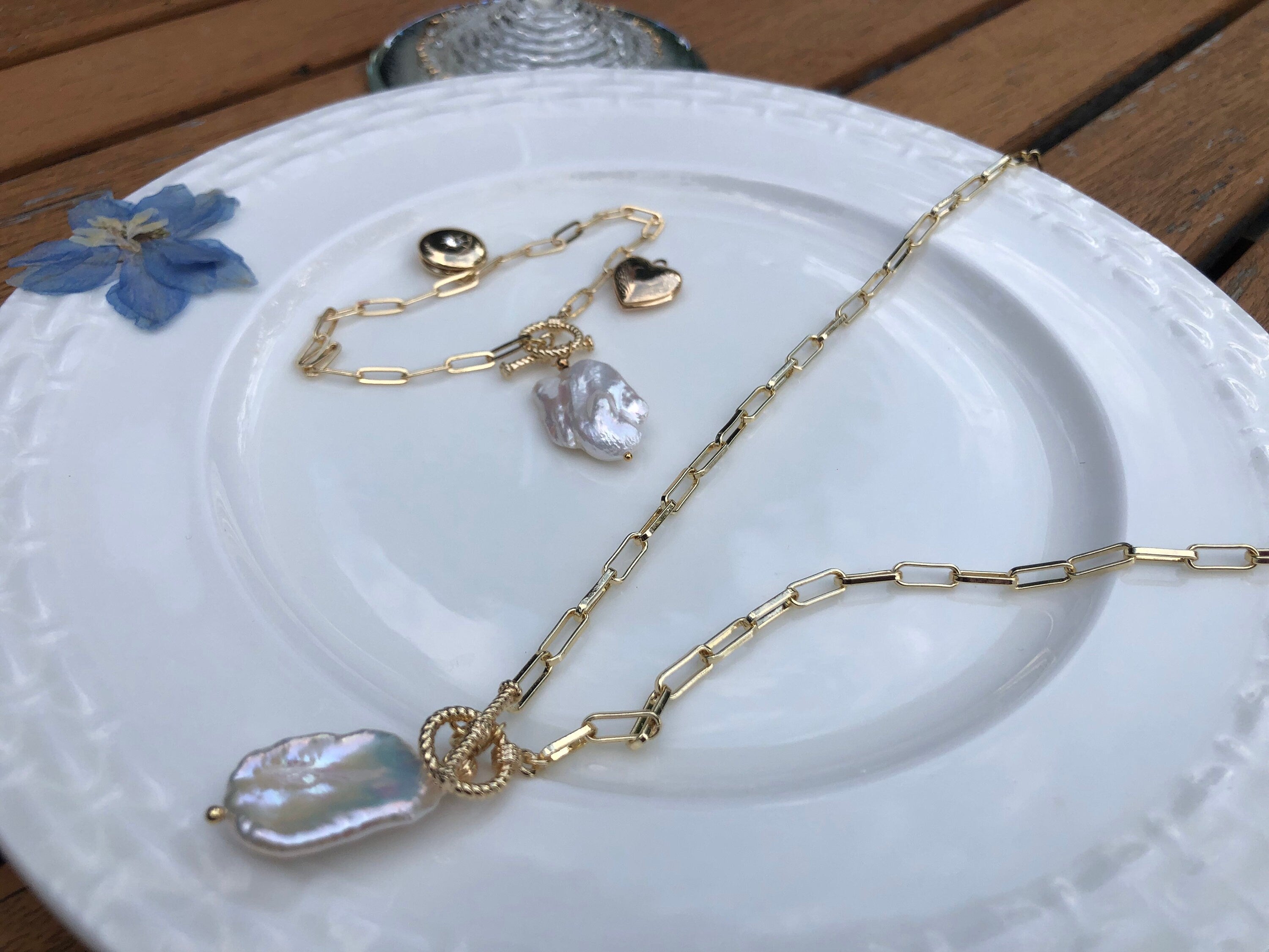 Freshwater baroque AAAA Keshi pearl dainty toggle bracelet/necklace. High luster OT buckle pearl bracelet. locket with photos bracelet.