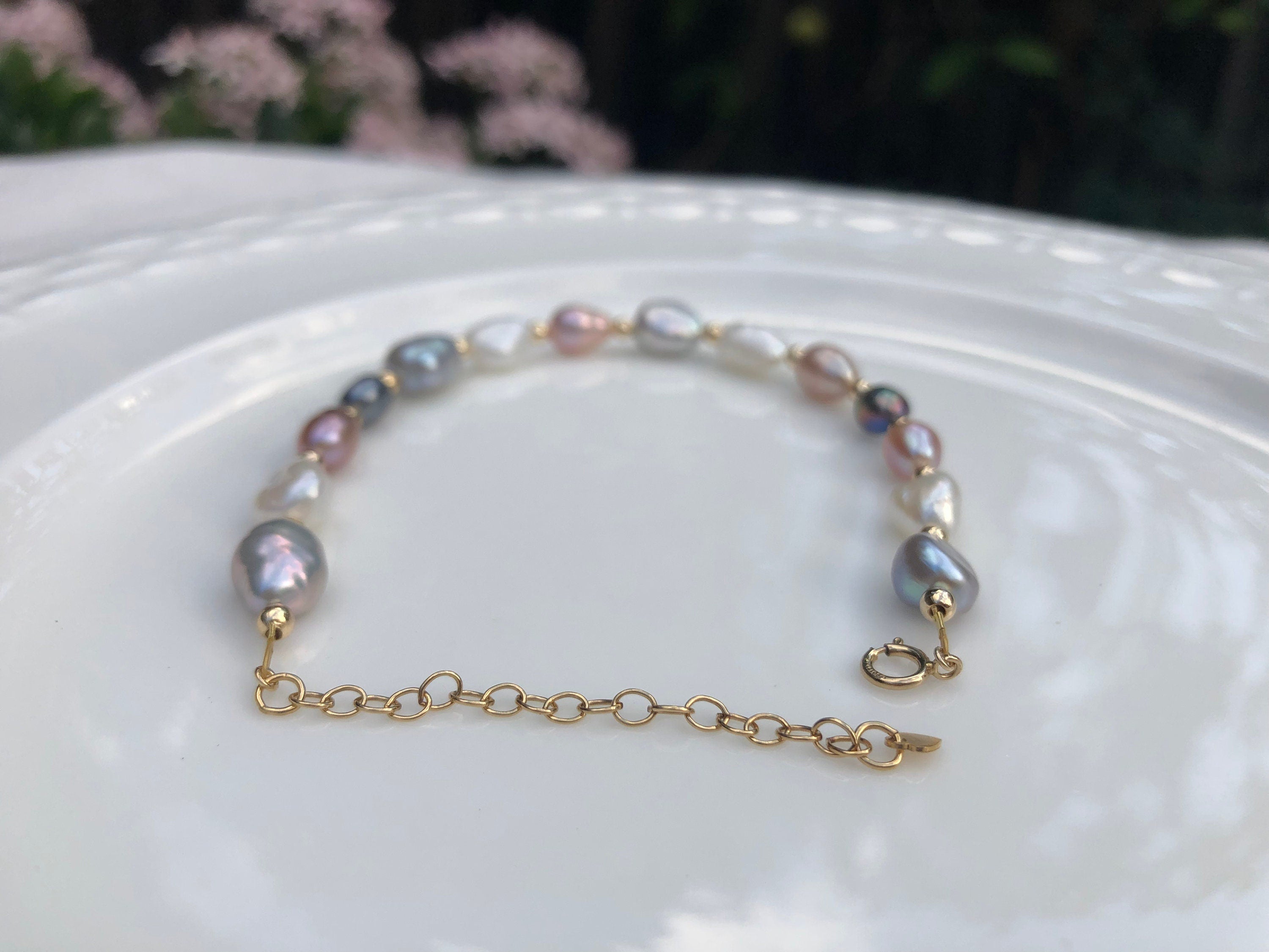 14K gold filled freshwater pearl earrings and bracelet. Rainbow earrings and bracelet set. Candy pearl bracelet and earrings. Gift