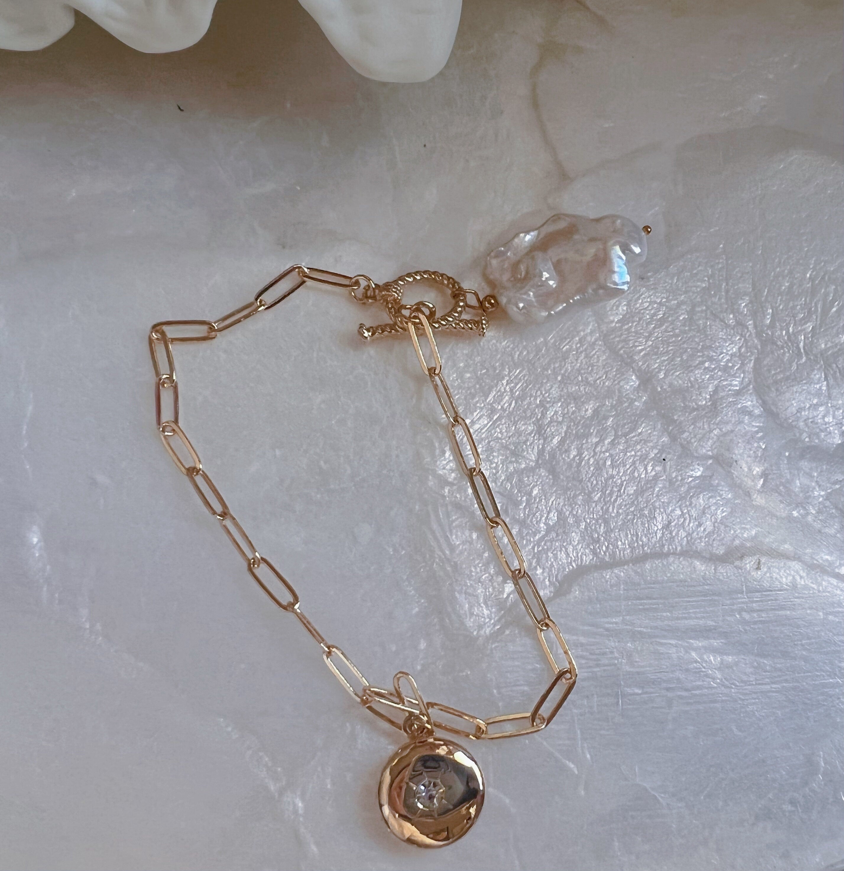 Freshwater baroque AAAA Keshi pearl dainty toggle bracelet/necklace. High luster OT buckle pearl bracelet. locket with photos bracelet.