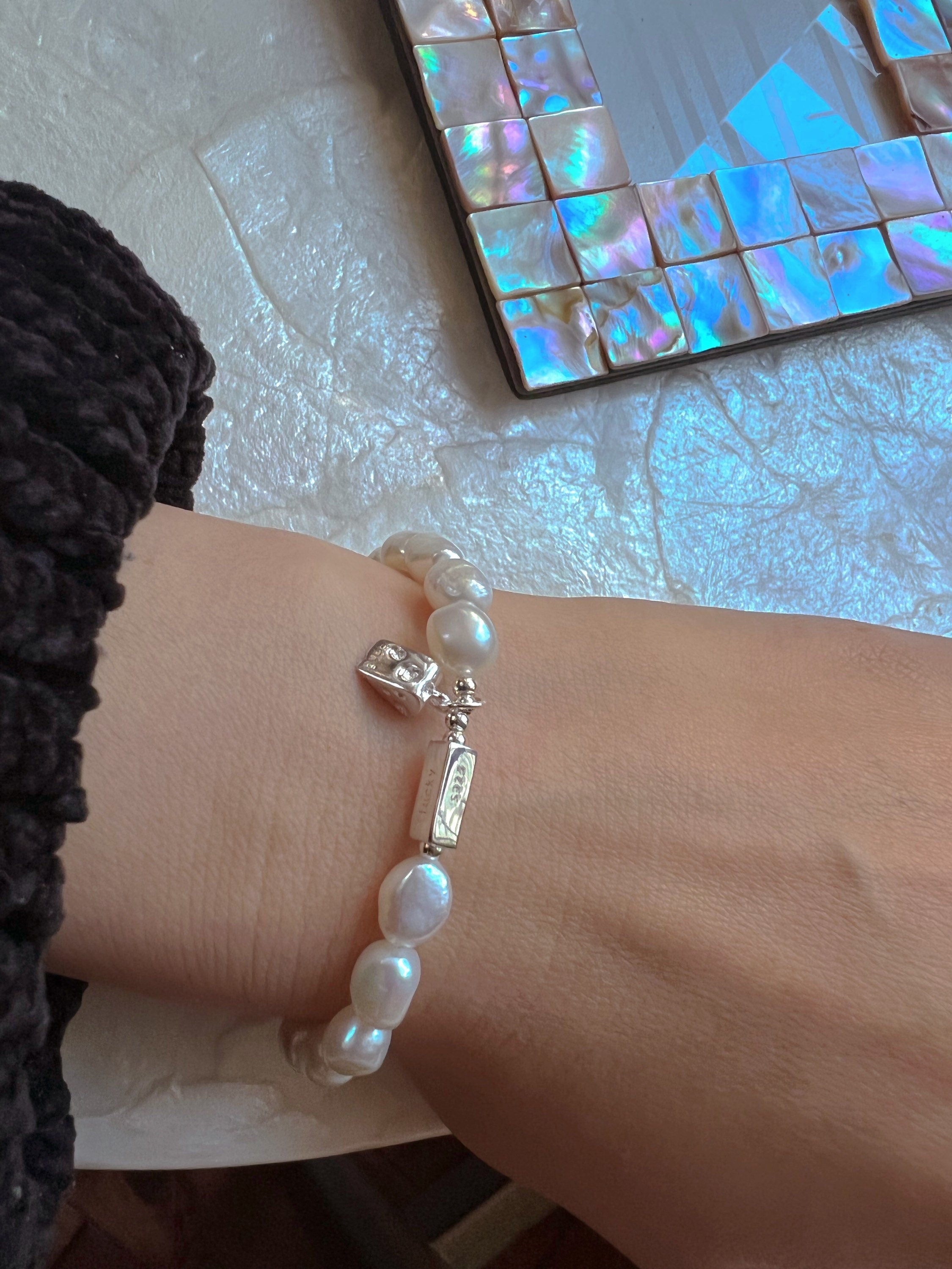 925 sterling silver freshwater pearl lucky design bracelet. Baroque pearl bracelet. Adorable bracelet. Valentines gift
