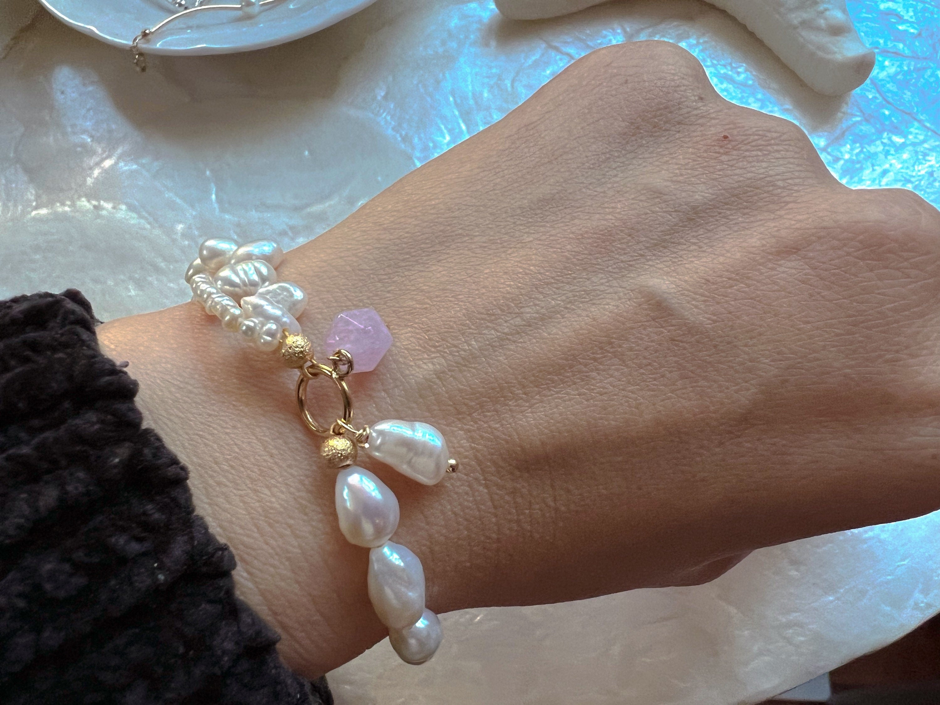 Baroque different shape freshwater pearl Dangle gemstone bracelet. Baroque pearl bracelet. Adorable bracelet. Boho bracelet. Valentines gift