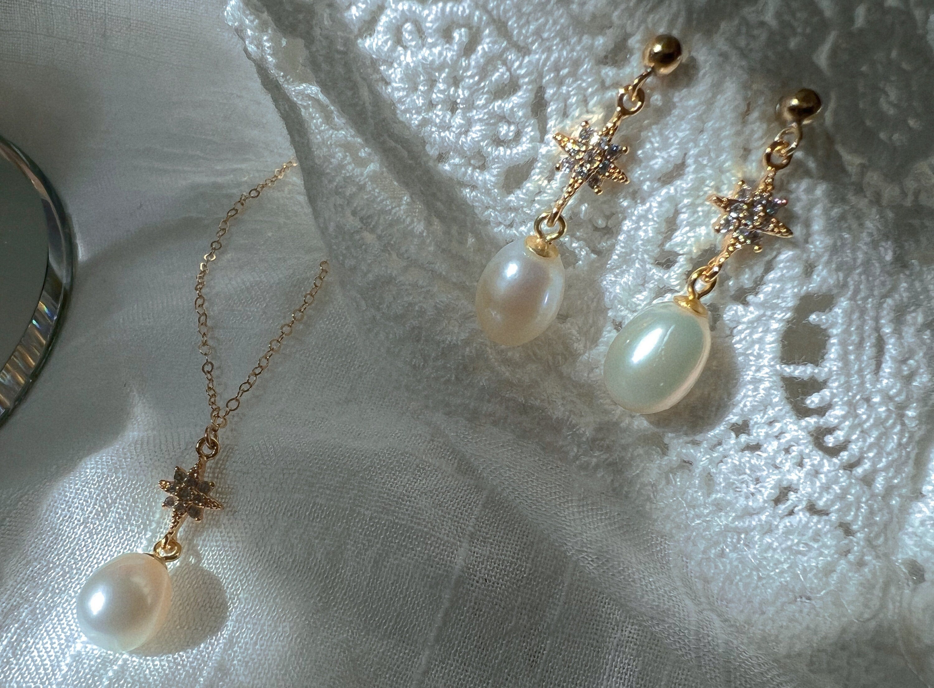 14K gold filled high quality freshwater pearl ZC necklace. Dainty earring/necklace. Bridal necklace. Wedding jewelry set