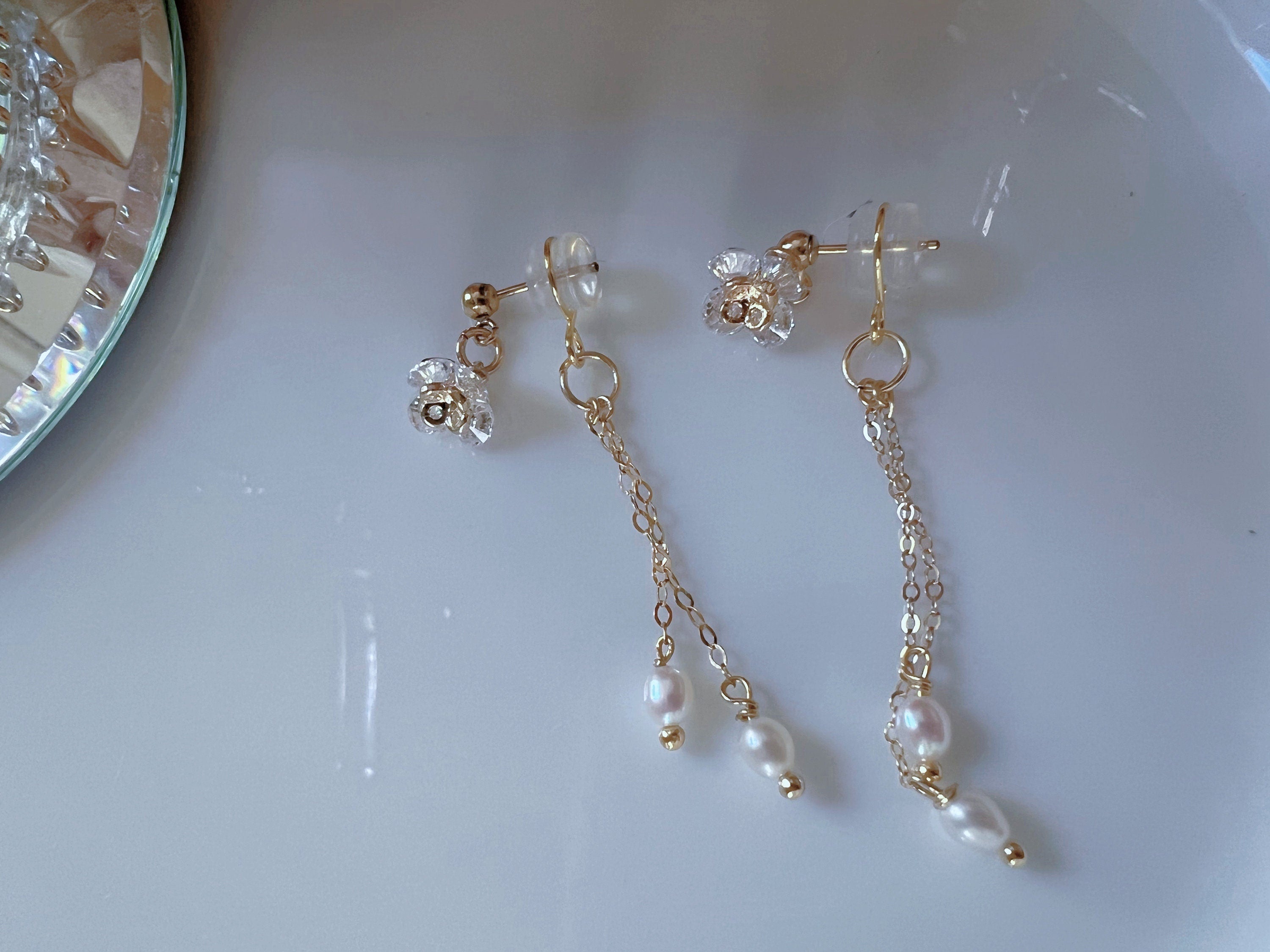 Art Deco Freshwater pearl dangle earrings. Delicate zircon floral earring. Two ways wear back earrings. Crystal elegant clip on earrings.