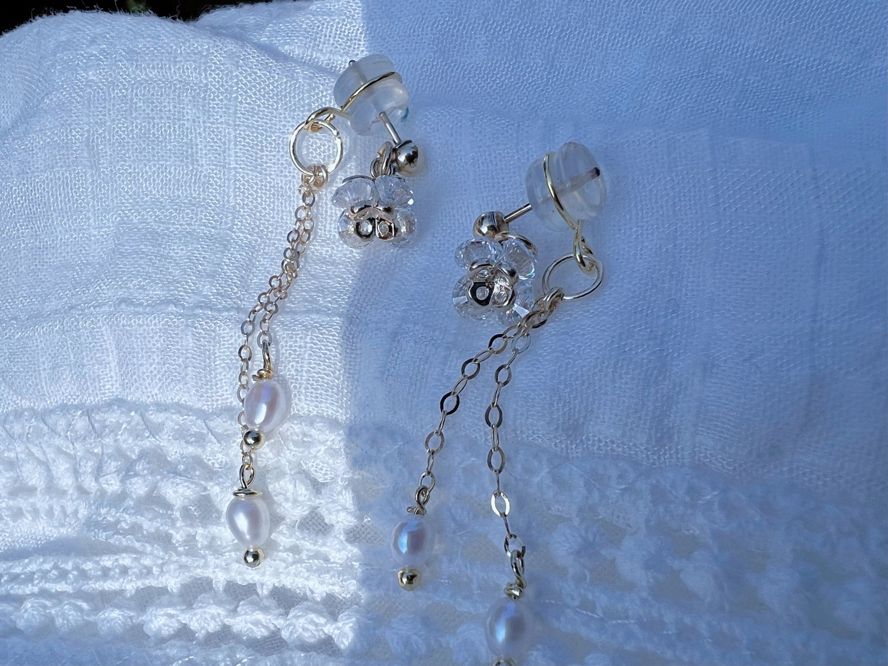 Art Deco Freshwater pearl dangle earrings. Delicate zircon floral earring. Two ways wear back earrings. Crystal elegant clip on earrings.