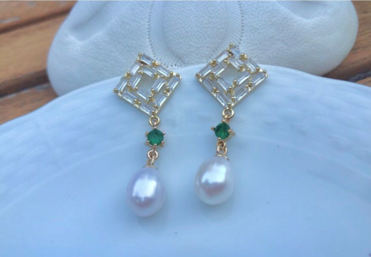14K gold filled Victoria style elegant genuine pearl dainty earring. delicate zircon earring. France style design Swarovski earring