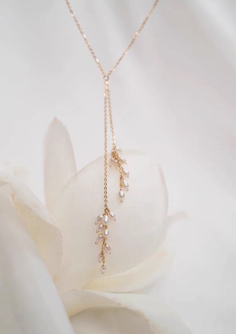 14K gold filled genuine baby pearl necklace. Y-dropped freshwater pearl necklace. dainty adjustable lariat pearl necklace.bridal necklace