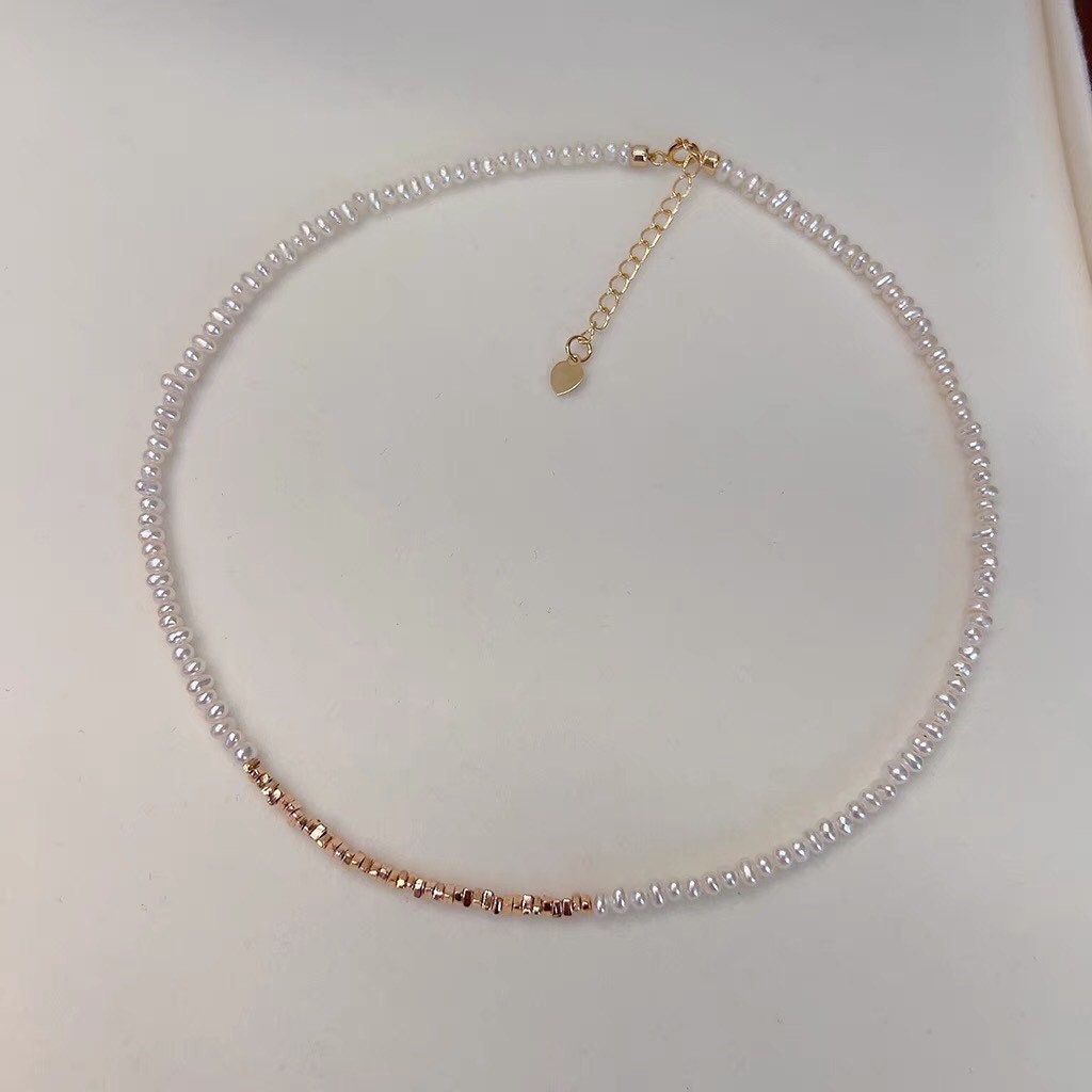 Freshwater baby pearl with irregular gold beads necklace. Minimalist necklace. Elegant necklace. Gift for her. Sterling silver