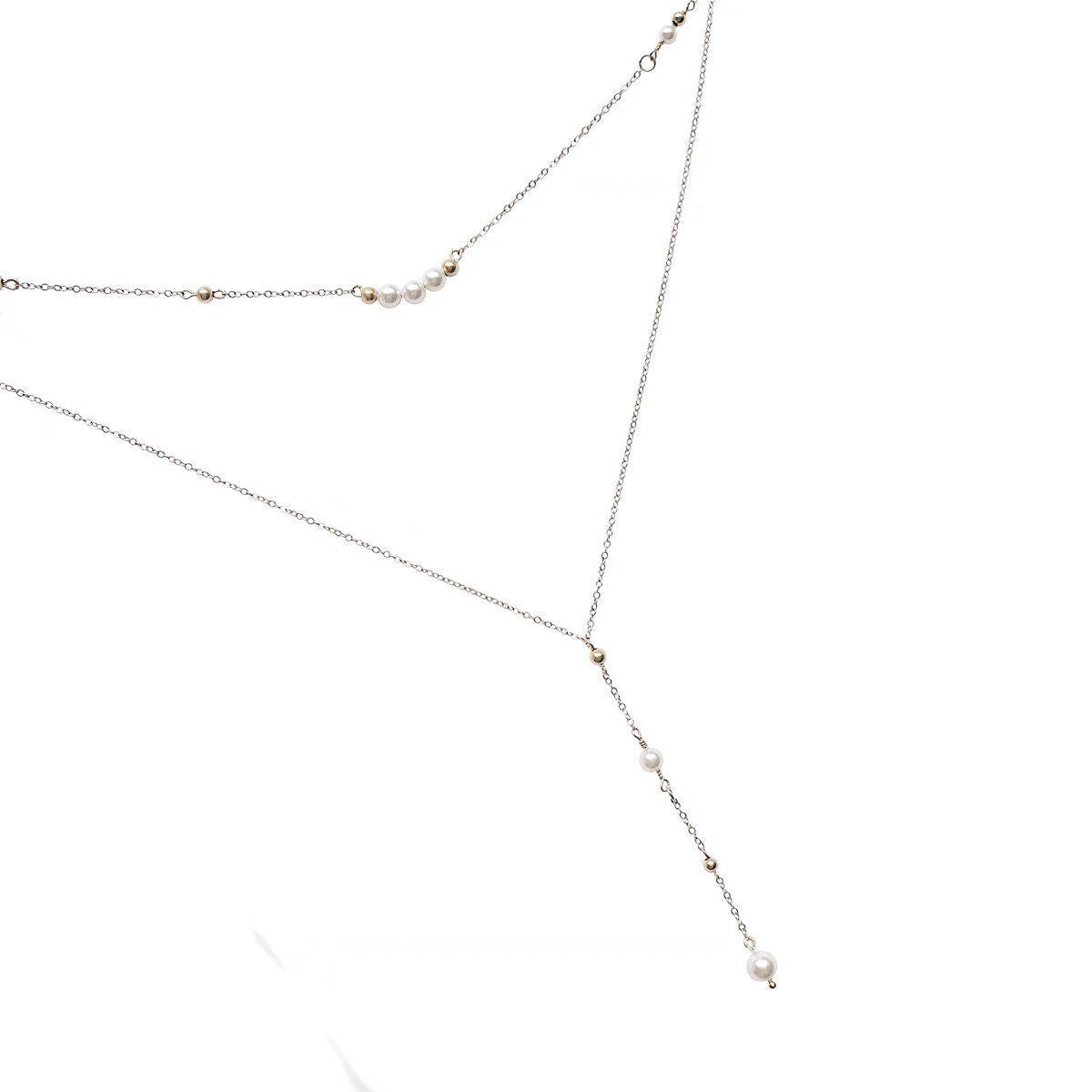 14K gold filled Victoria style double chain layered Freshwater petal necklace. France style lariat necklace. Y necklace. Bridal necklace.